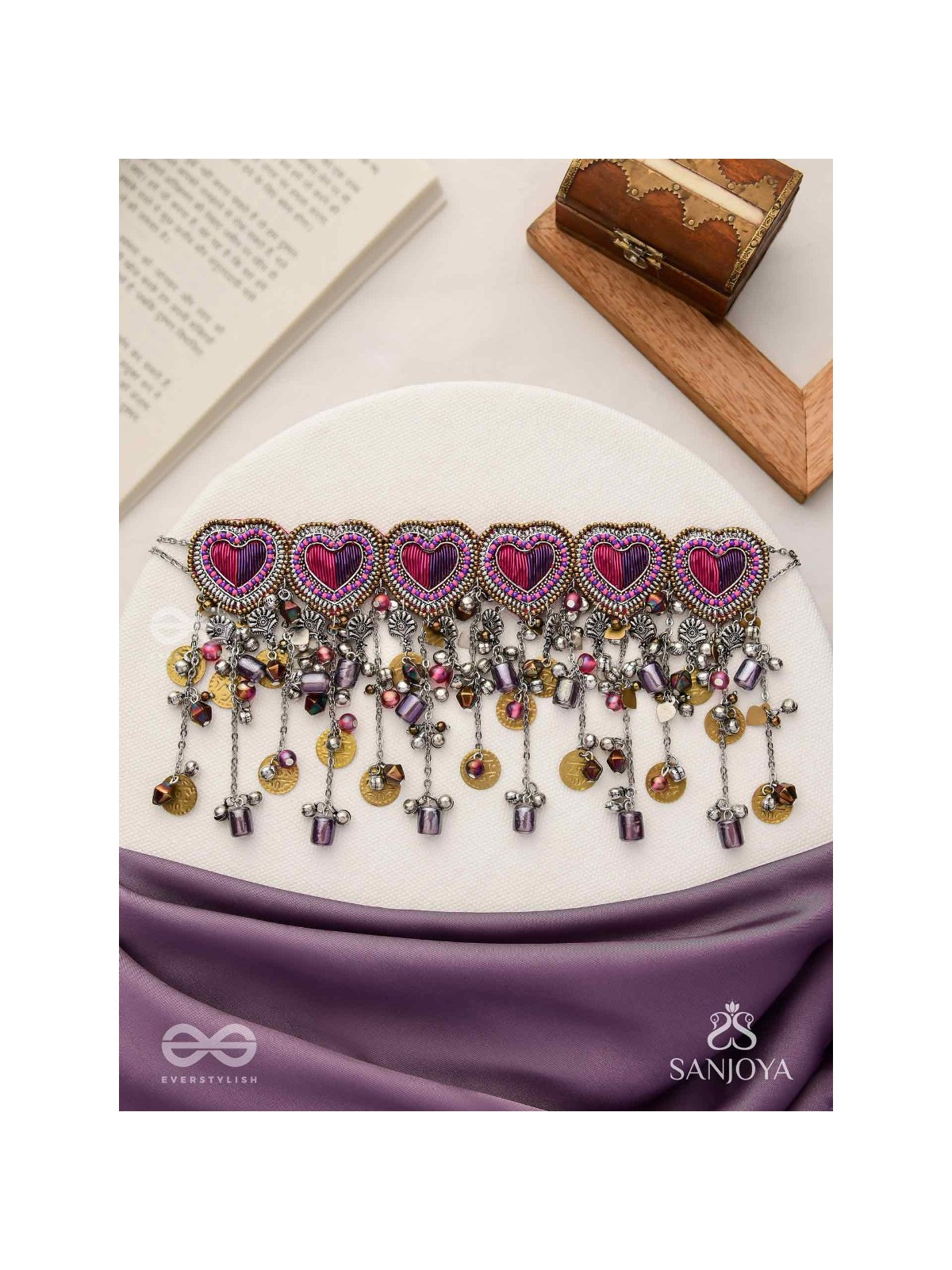 Prageet - Song Of The Hearts - Resham, Dabka, Beads And Coins Hand Embroidered Oxidised Choker Neckpiece