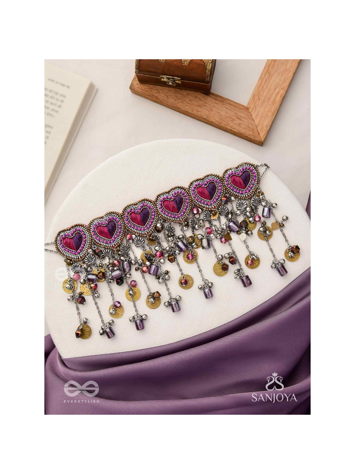 Prageet - Song Of The Hearts - Resham, Dabka, Beads And Coins Hand Embroidered Oxidised Choker Neckpiece