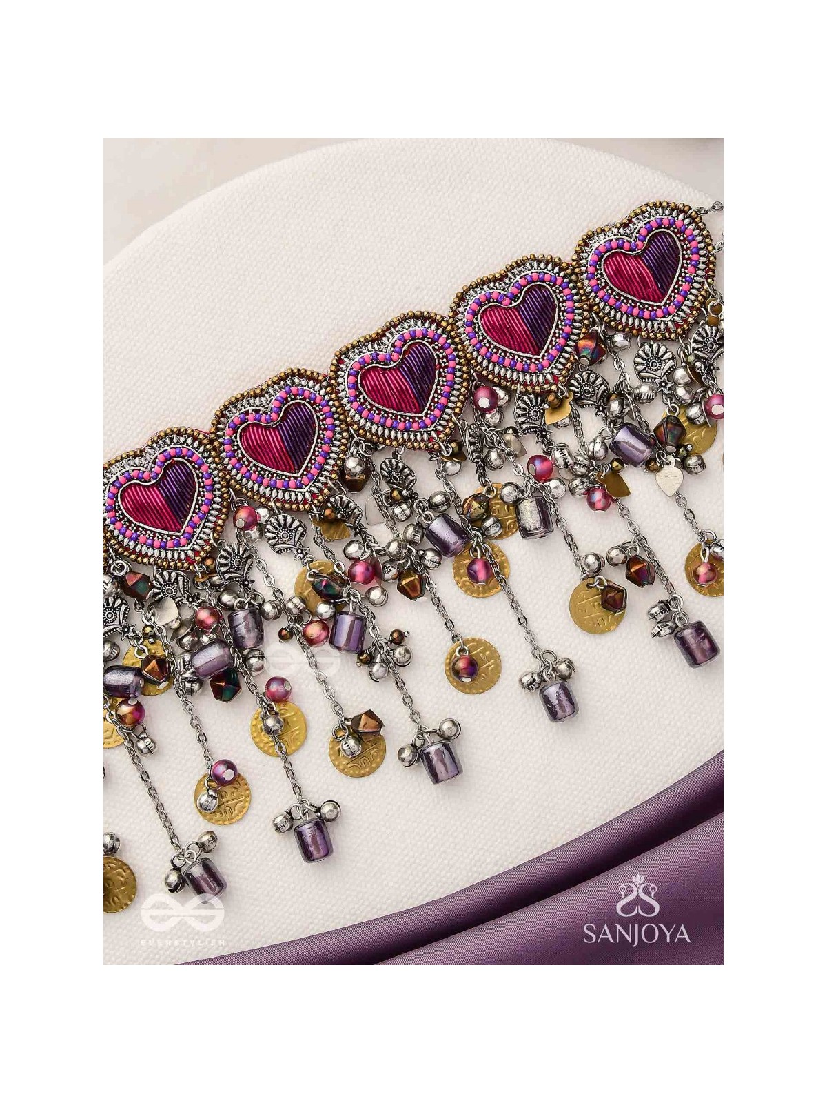 Prageet - Song Of The Hearts - Resham, Dabka, Beads And Coins Hand Embroidered Oxidised Choker Neckpiece