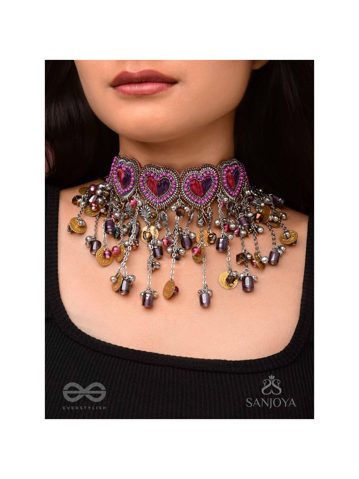 Prageet - Song Of The Hearts - Resham, Dabka, Beads And Coins Hand Embroidered Oxidised Choker Neckpiece