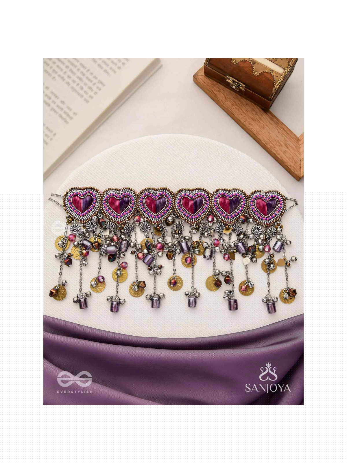 Prageet - Song Of The Hearts - Resham, Dabka, Beads And Coins Hand Embroidered Oxidised Choker Neckpiece