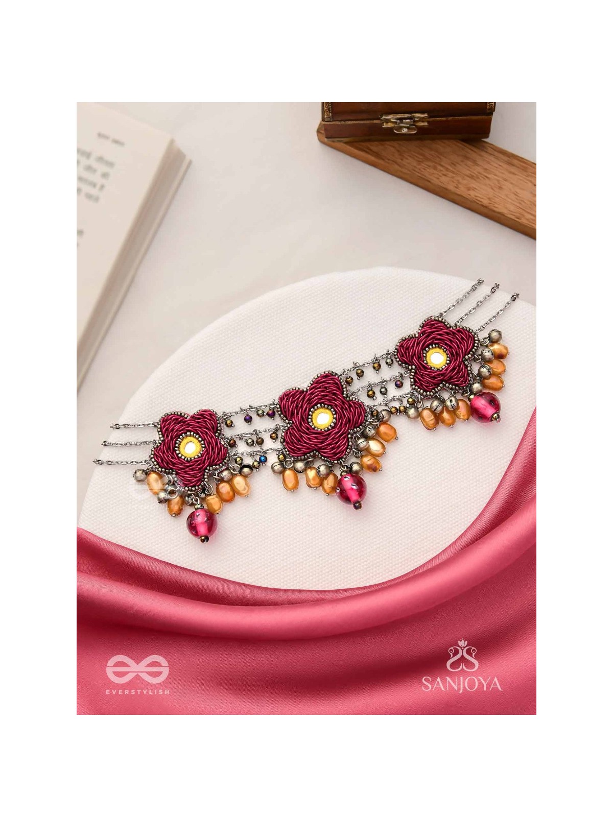 Sumanas - The Burgundy Flowers - Mirror, Resham, Dabka And Glass Drops Hand Embroidered Oxidised Choker Neckpiece