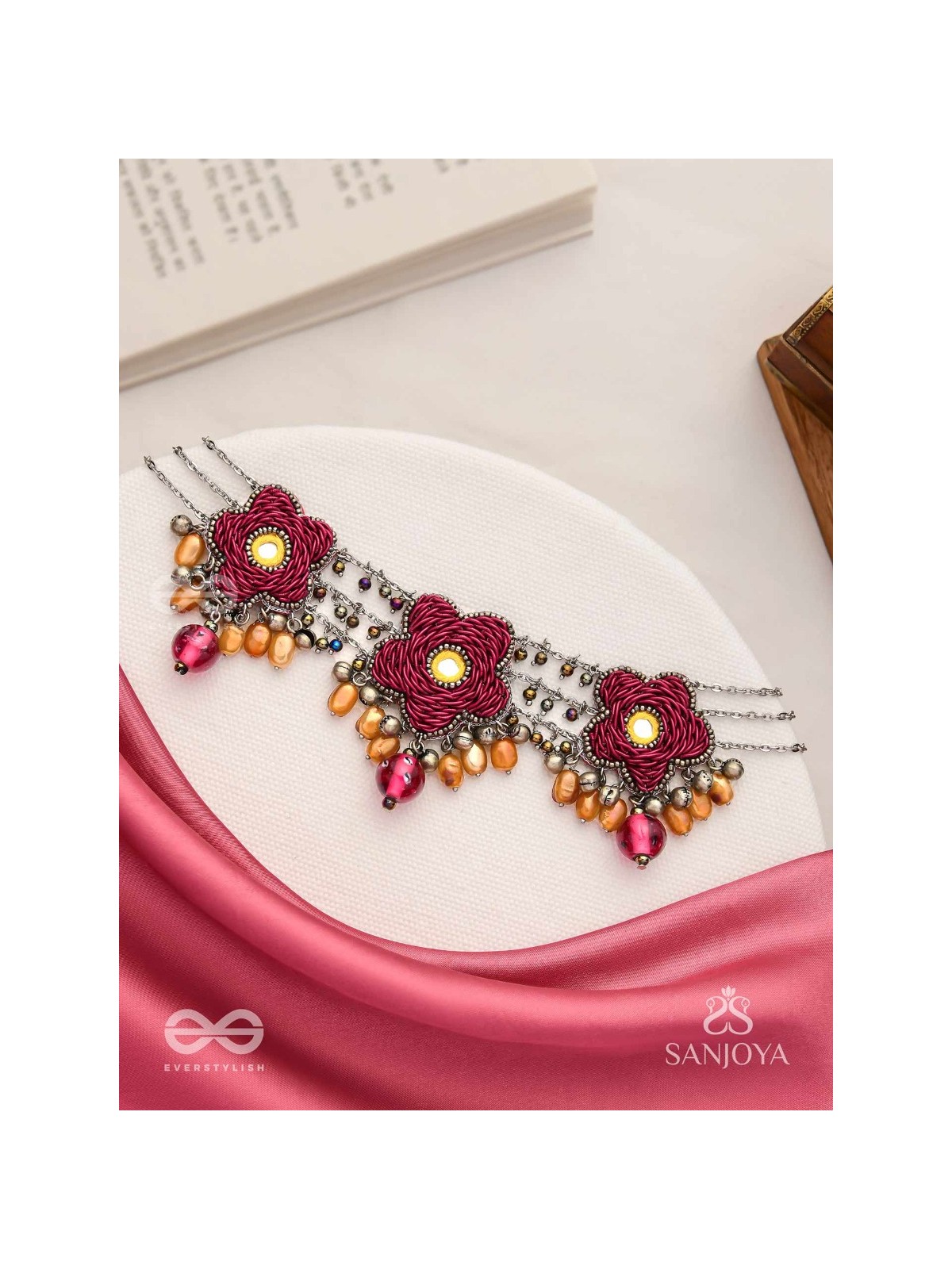 Sumanas - The Burgundy Flowers - Mirror, Resham, Dabka And Glass Drops Hand Embroidered Oxidised Choker Neckpiece