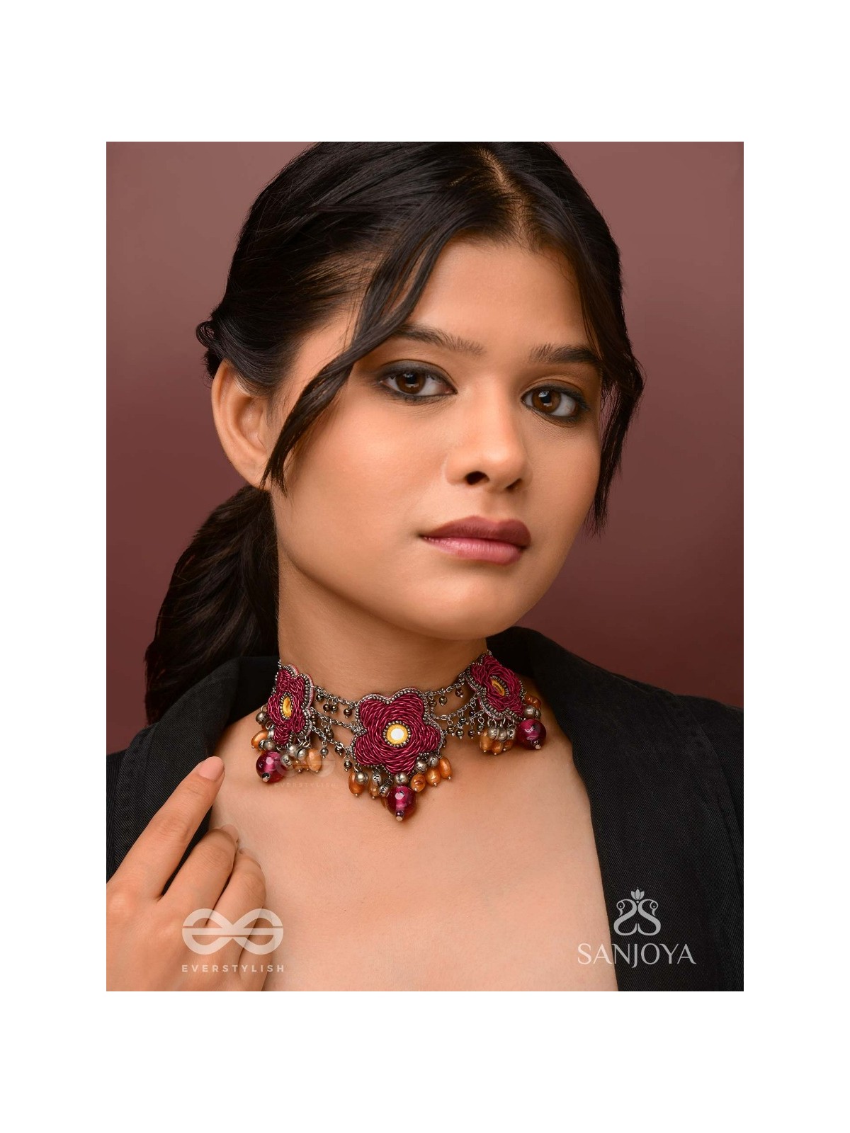 Sumanas - The Burgundy Flowers - Mirror, Resham, Dabka And Glass Drops Hand Embroidered Oxidised Choker Neckpiece
