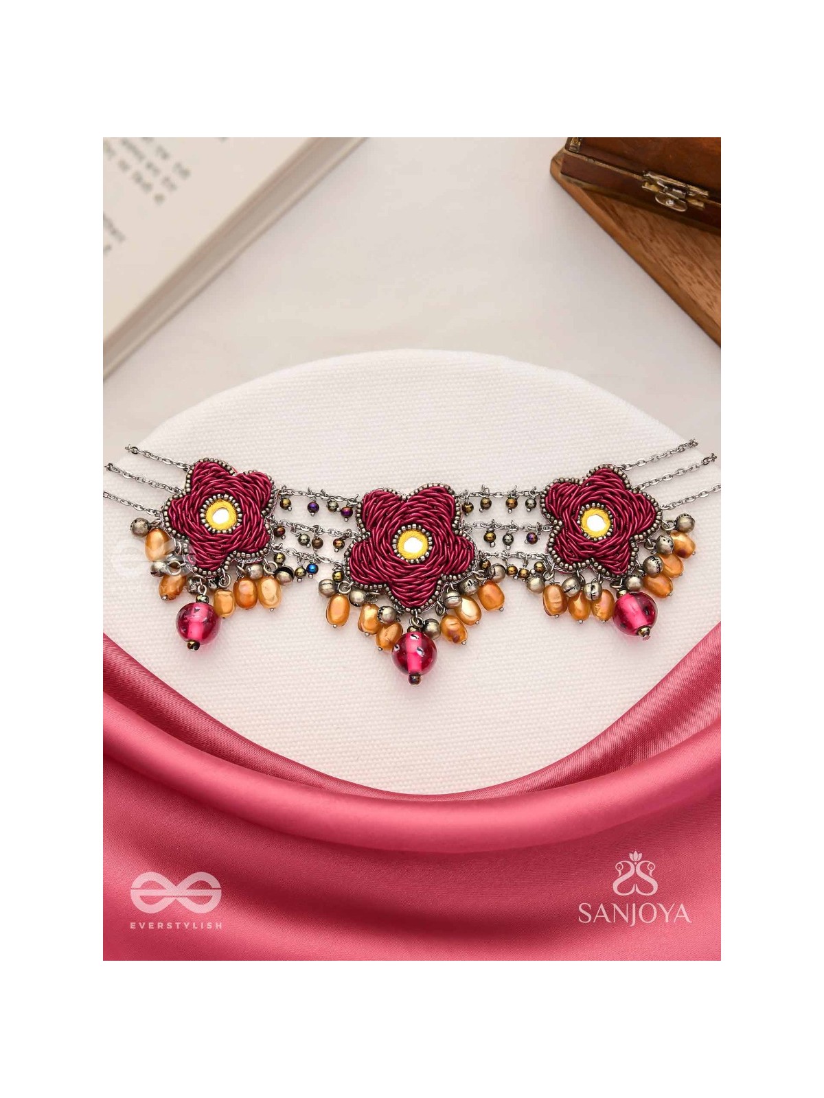 Sumanas - The Burgundy Flowers - Mirror, Resham, Dabka And Glass Drops Hand Embroidered Oxidised Choker Neckpiece
