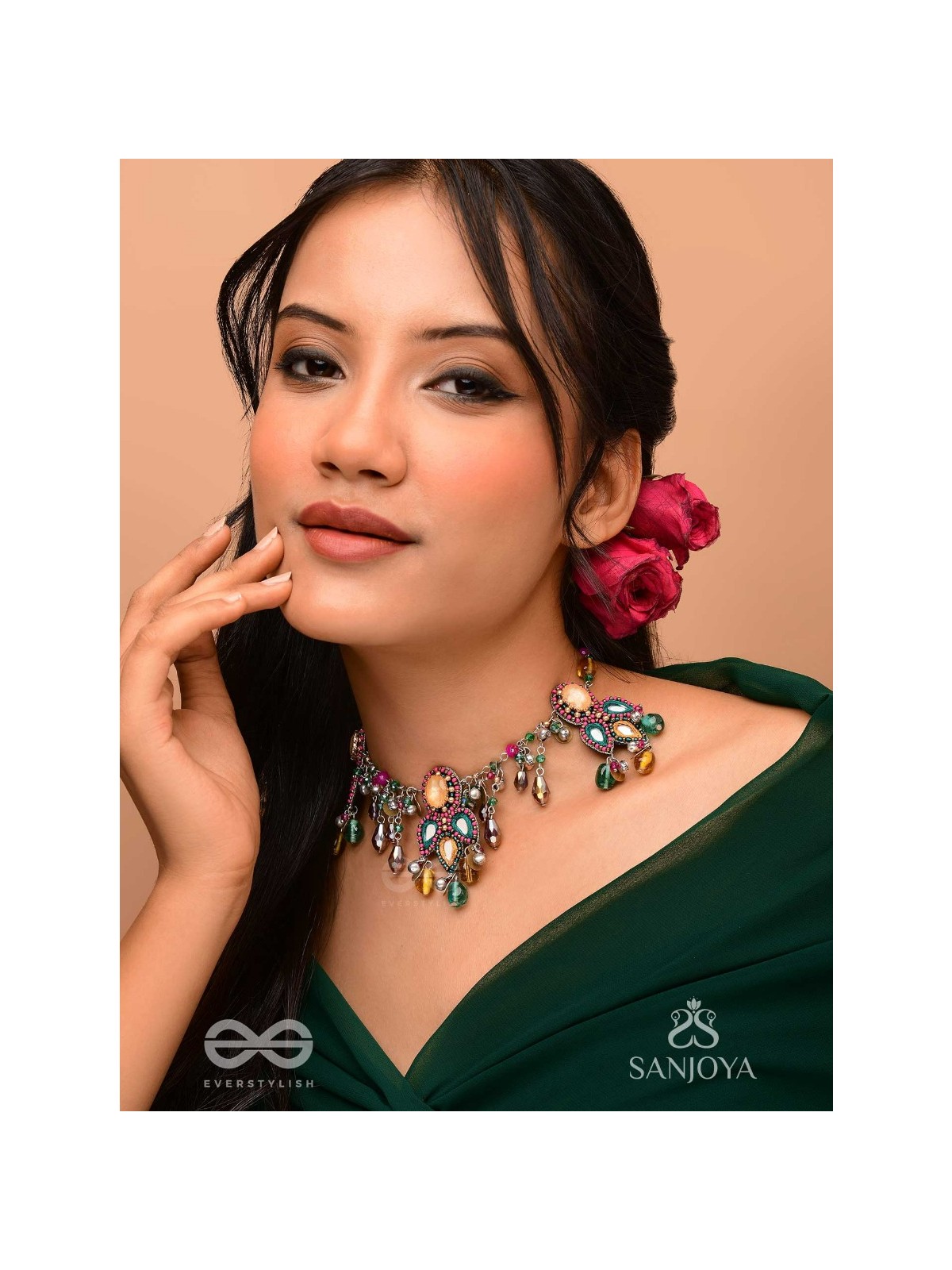 Bhramaparna - The Spell Of Stones - Stones, Mirror, Coins And Glass Drops Hand Embroidered Oxidised Choker Neckpiece