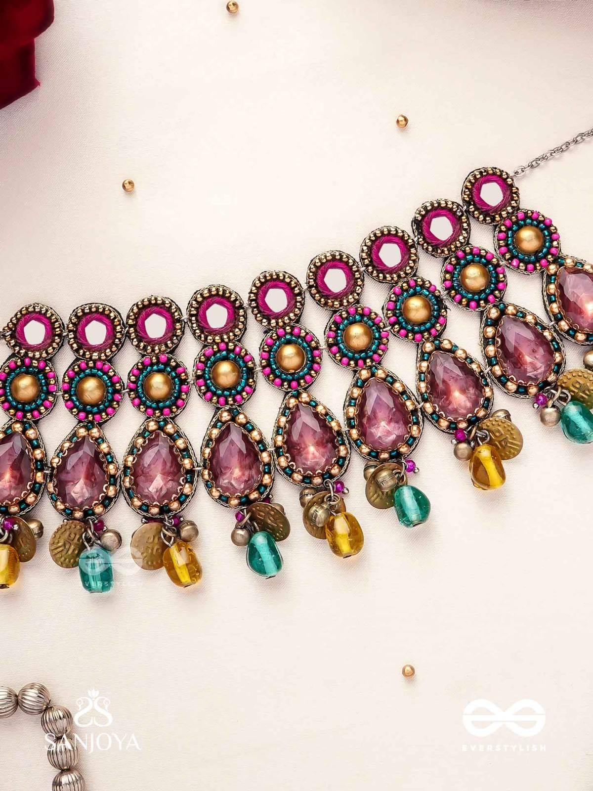 Vashikrit - The Hypnotic Tiers - Mirror, Stones, Coins And Glass Drops Hand Embroidered Oxidised Choker Neckpiece