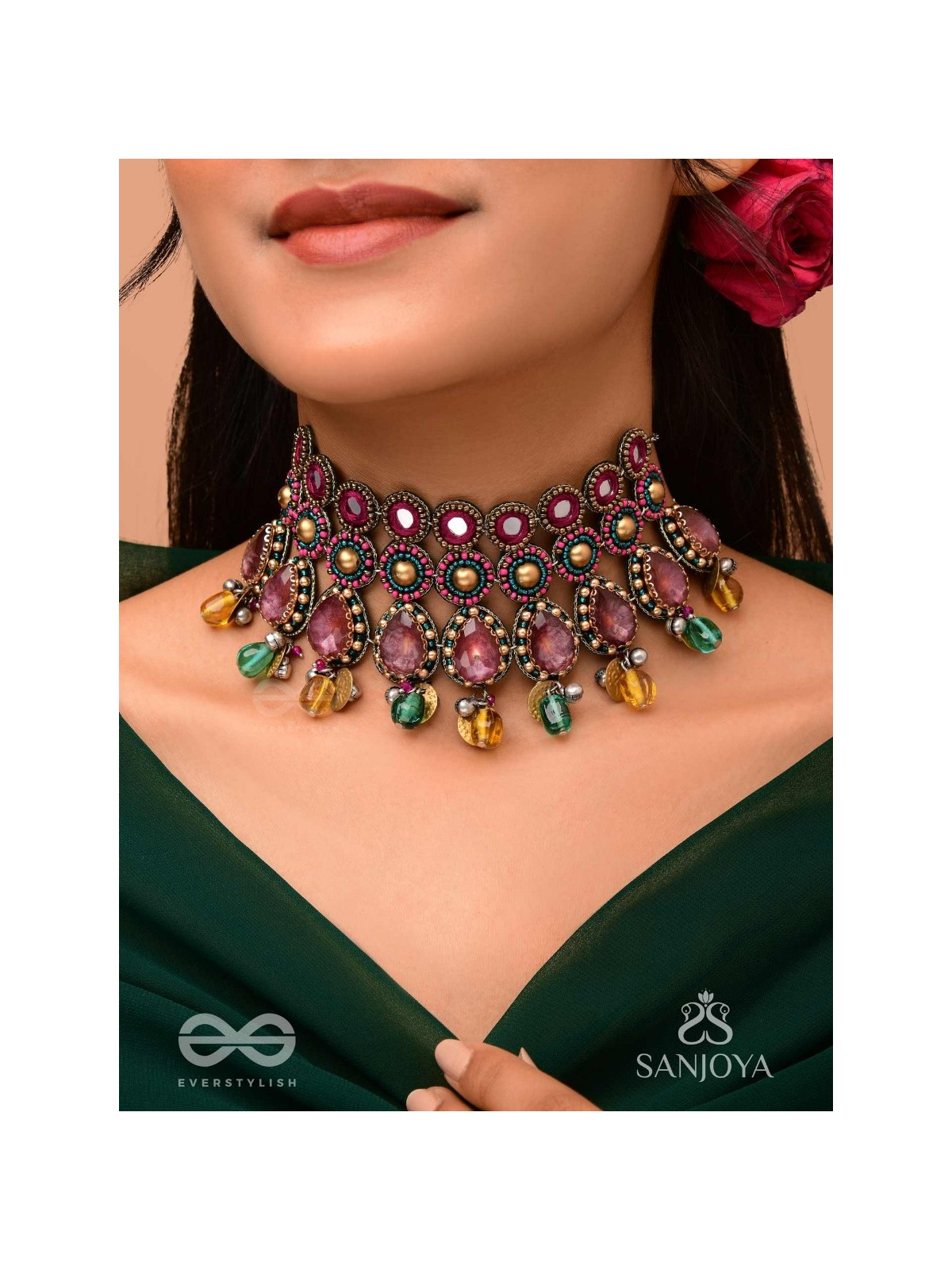 Vashikrit - The Hypnotic Tiers - Mirror, Stones, Coins And Glass Drops Hand Embroidered Oxidised Choker Neckpiece