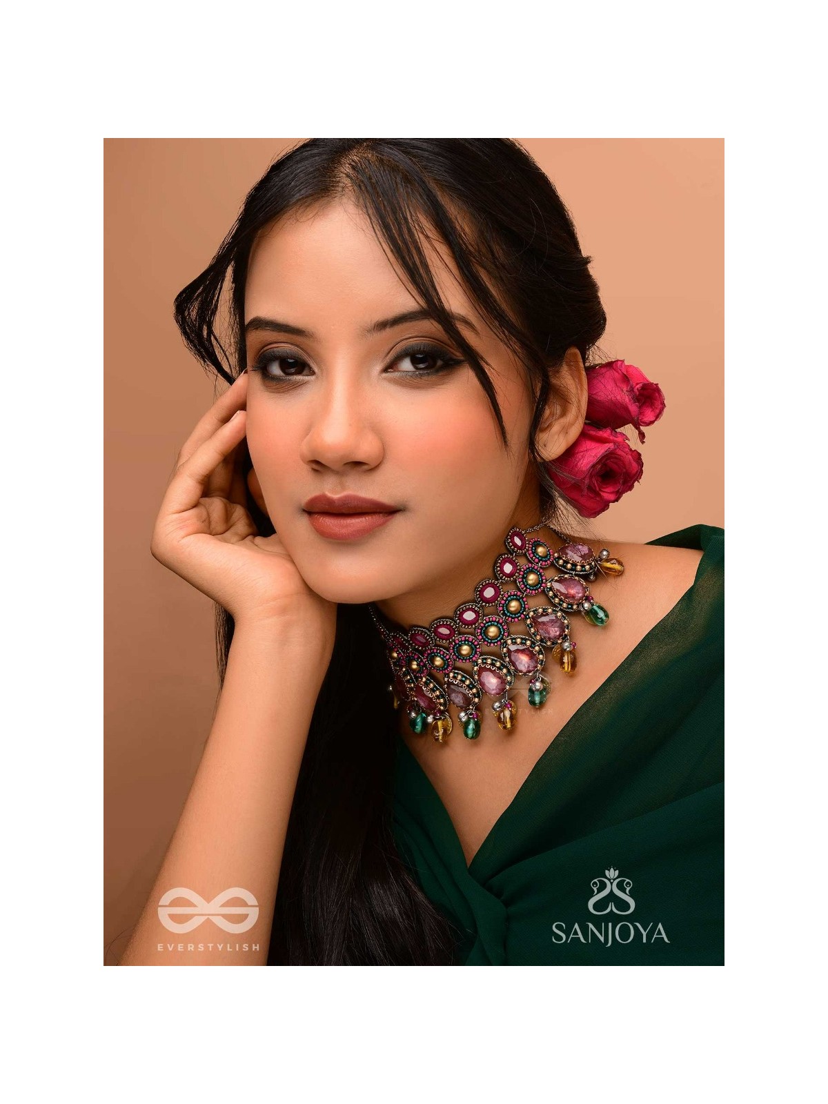 Vashikrit - The Hypnotic Tiers - Mirror, Stones, Coins And Glass Drops Hand Embroidered Oxidised Choker Neckpiece