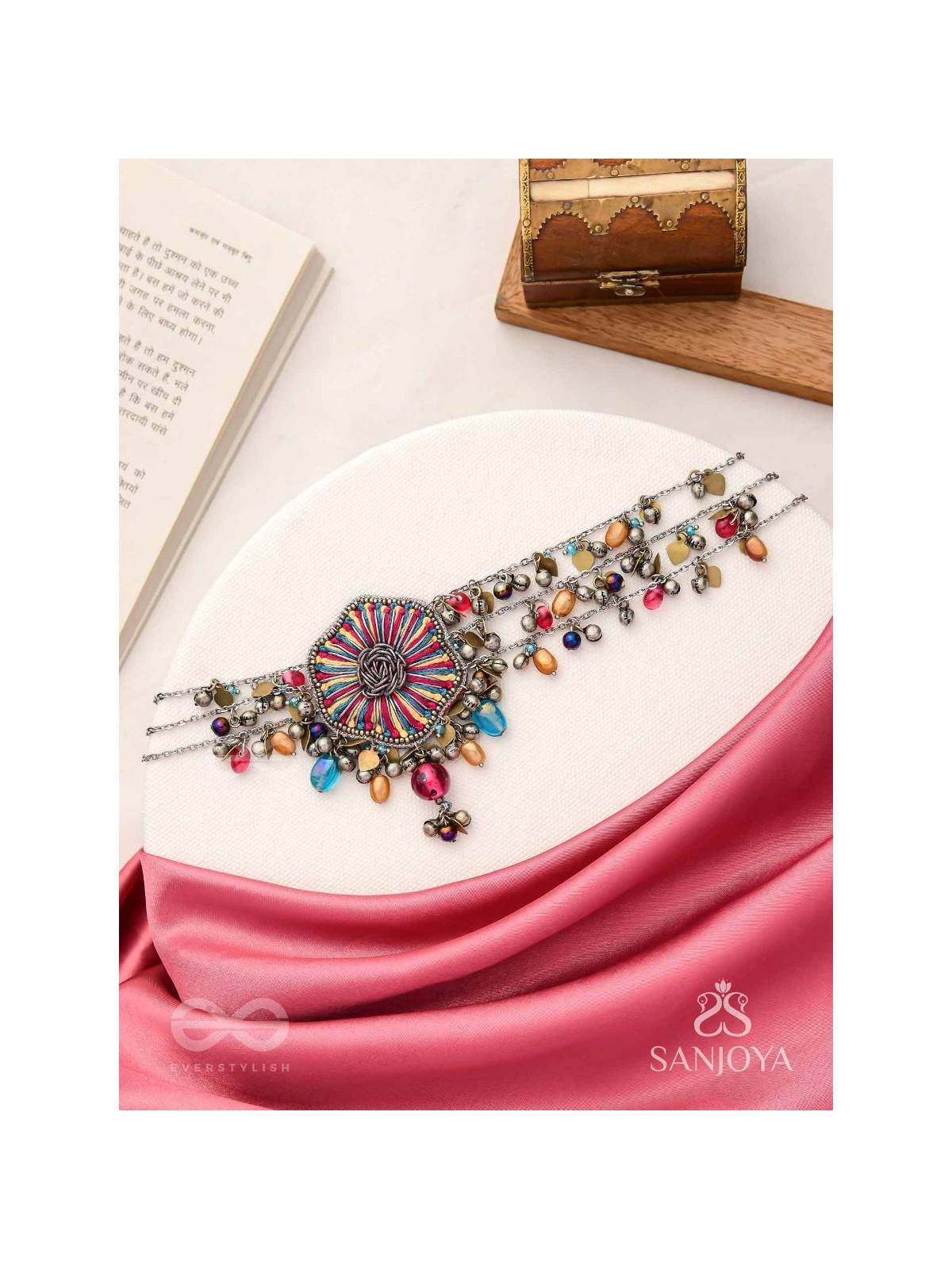 Shaleenta - The Shy Posy - Resham, Dabka And Glass Drops Hand Embroidered Oxidised Choker Neckpiece