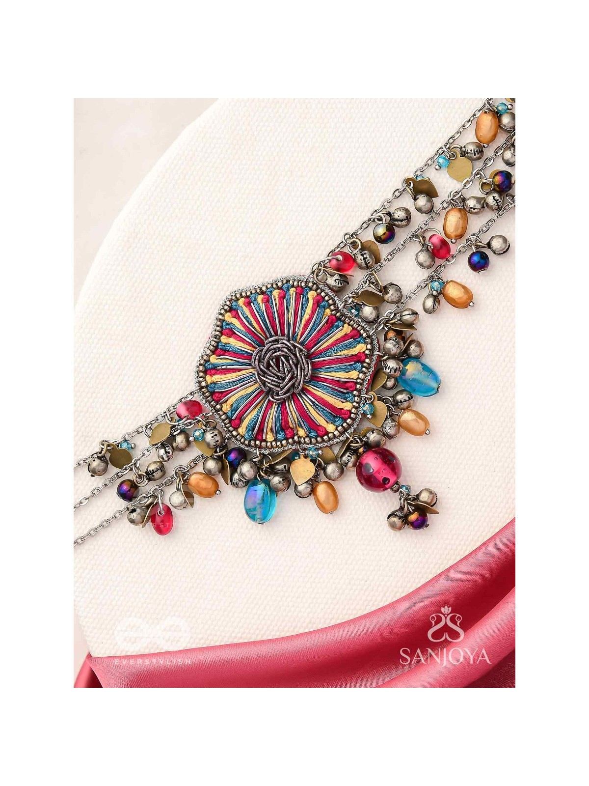 Shaleenta - The Shy Posy - Resham, Dabka And Glass Drops Hand Embroidered Oxidised Choker Neckpiece