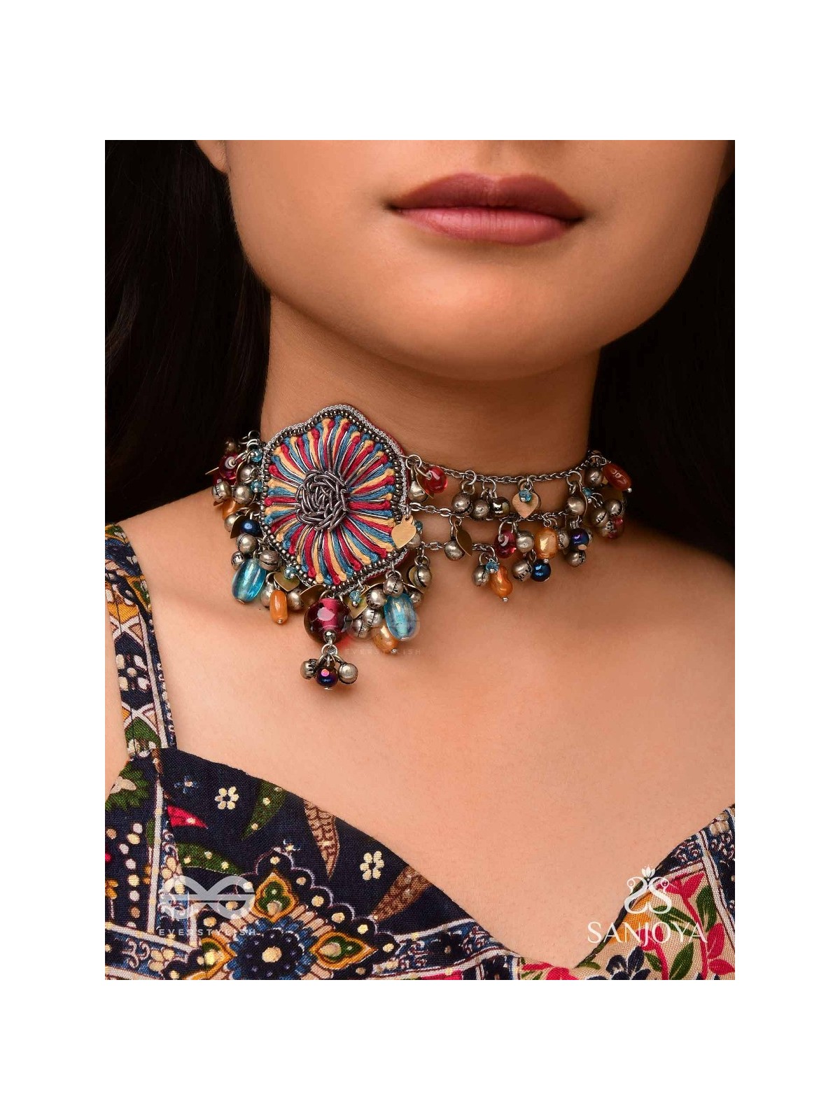 Shaleenta - The Shy Posy - Resham, Dabka And Glass Drops Hand Embroidered Oxidised Choker Neckpiece