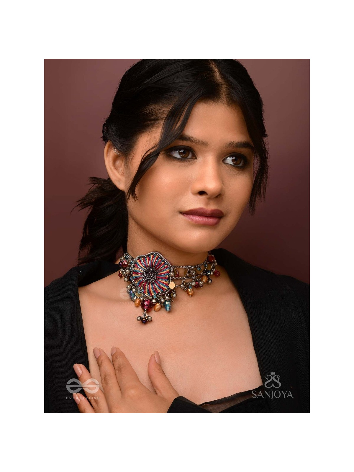 Shaleenta - The Shy Posy - Resham, Dabka And Glass Drops Hand Embroidered Oxidised Choker Neckpiece