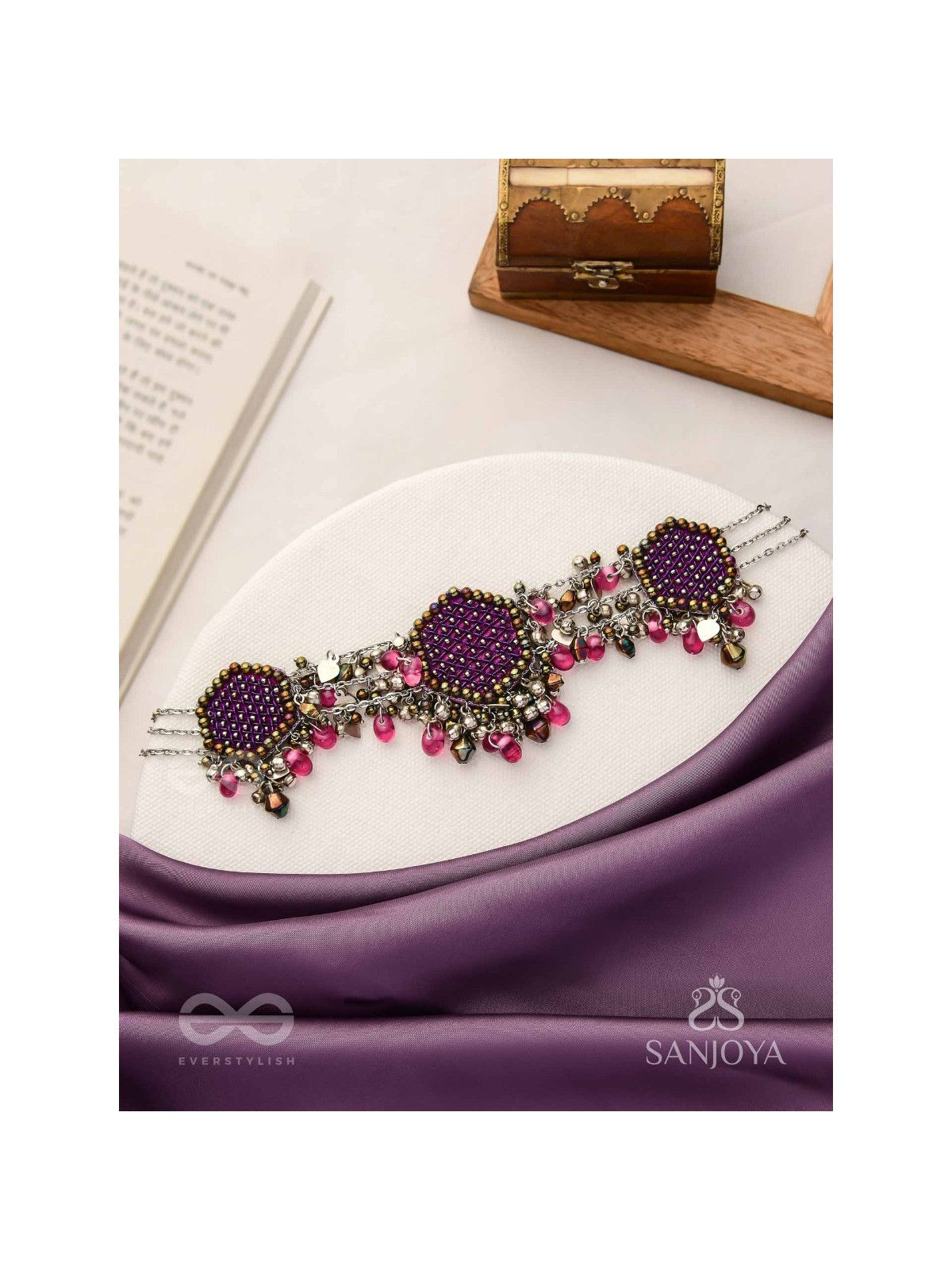 Sukhodaye - The Wine Honeycomb - Beads And Glass Drops Hand Embroidered Oxidised Choker Neckpiece