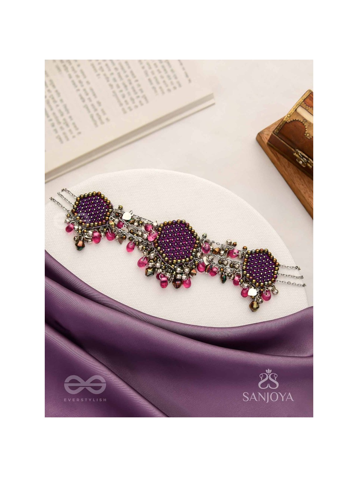 Sukhodaye - The Wine Honeycomb - Beads And Glass Drops Hand Embroidered Oxidised Choker Neckpiece