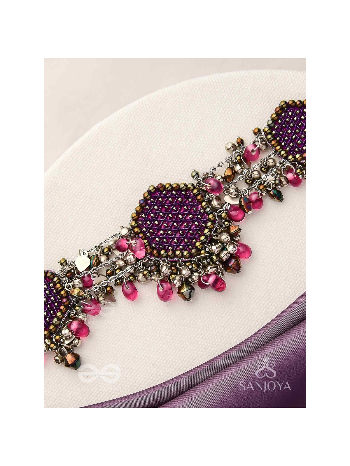 Sukhodaye - The Wine Honeycomb - Beads And Glass Drops Hand Embroidered Oxidised Choker Neckpiece