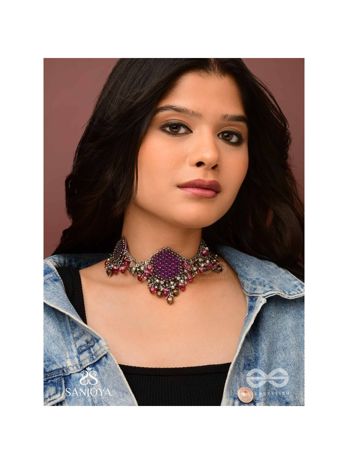 Sukhodaye - The Wine Honeycomb - Beads And Glass Drops Hand Embroidered Oxidised Choker Neckpiece