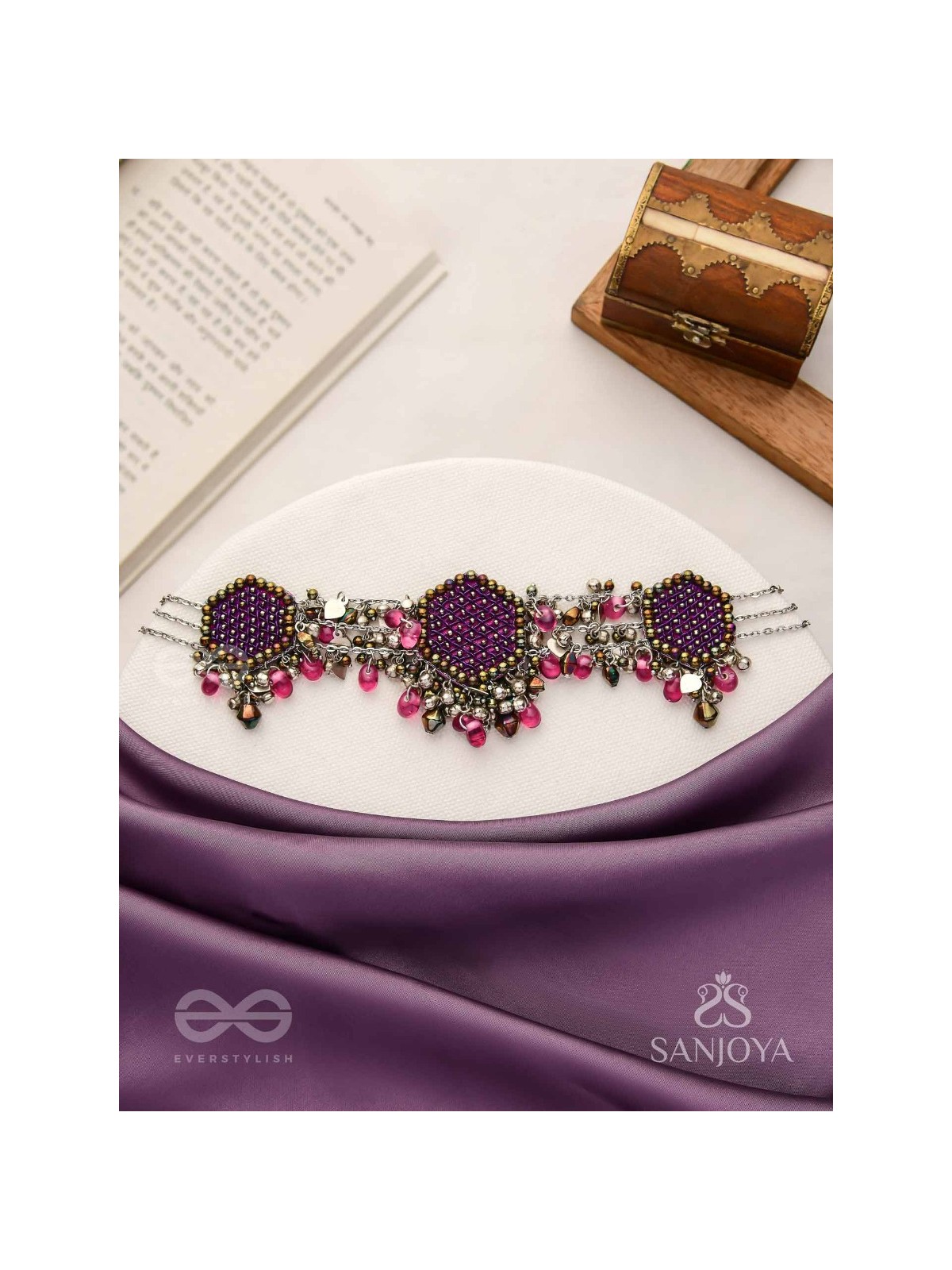 Sukhodaye - The Wine Honeycomb - Beads And Glass Drops Hand Embroidered Oxidised Choker Neckpiece