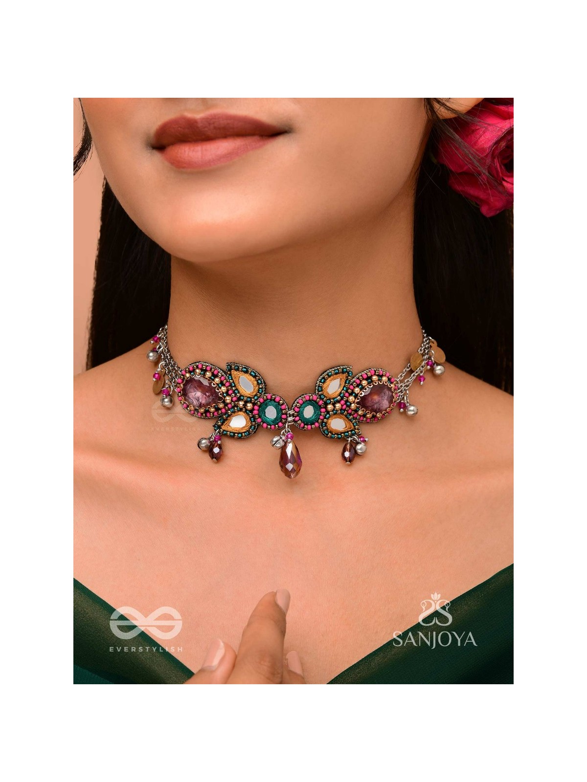 Vimohan - The Tempting Gaze - Stones, Mirror, Coins And Glass Drops Hand Embroidered Oxidised Choker Neckpiece