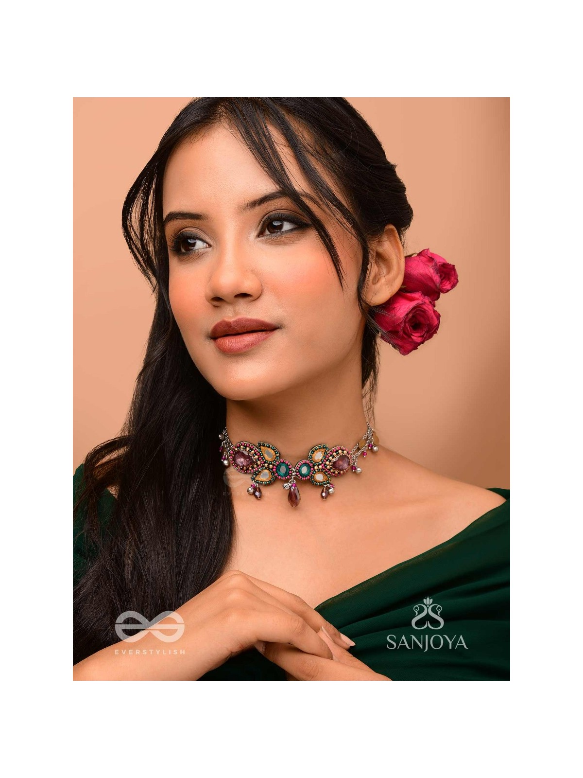 Vimohan - The Tempting Gaze - Stones, Mirror, Coins And Glass Drops Hand Embroidered Oxidised Choker Neckpiece