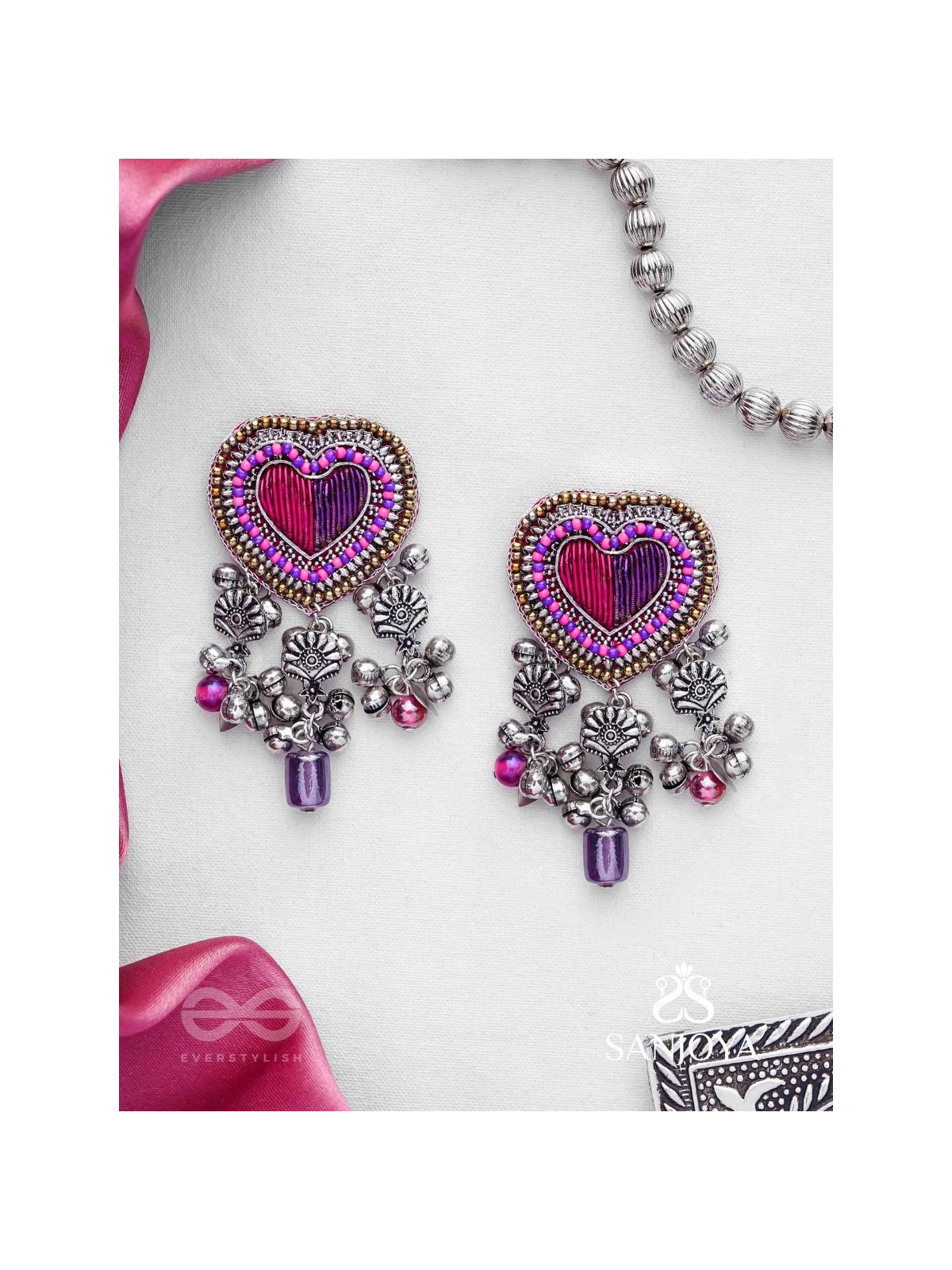 Unmadishnu - The Love Rush - Dabka, Beads And Glass Drops Hand Embroidered Oxidised Earrings