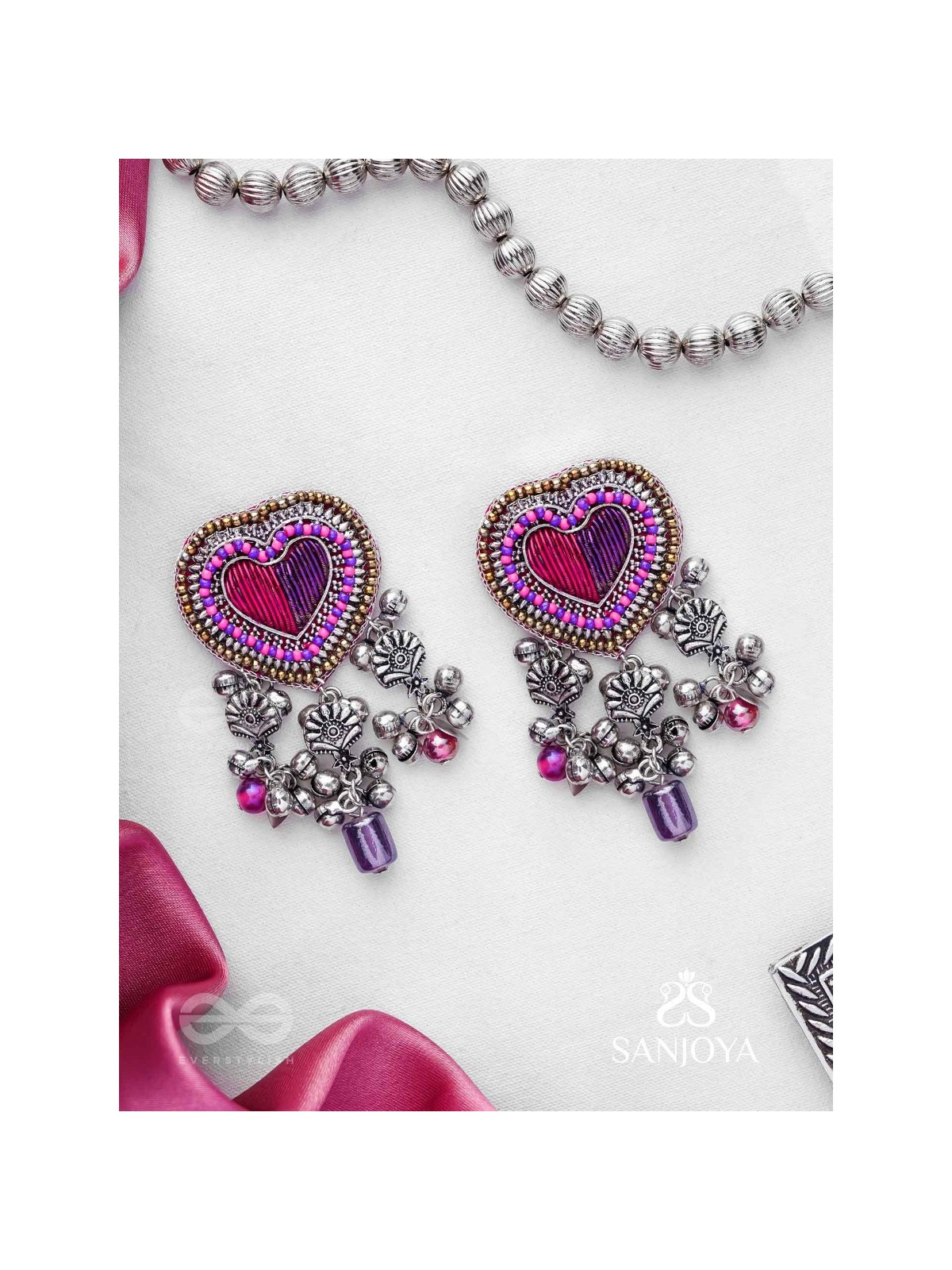 Unmadishnu - The Love Rush - Dabka, Beads And Glass Drops Hand Embroidered Oxidised Earrings