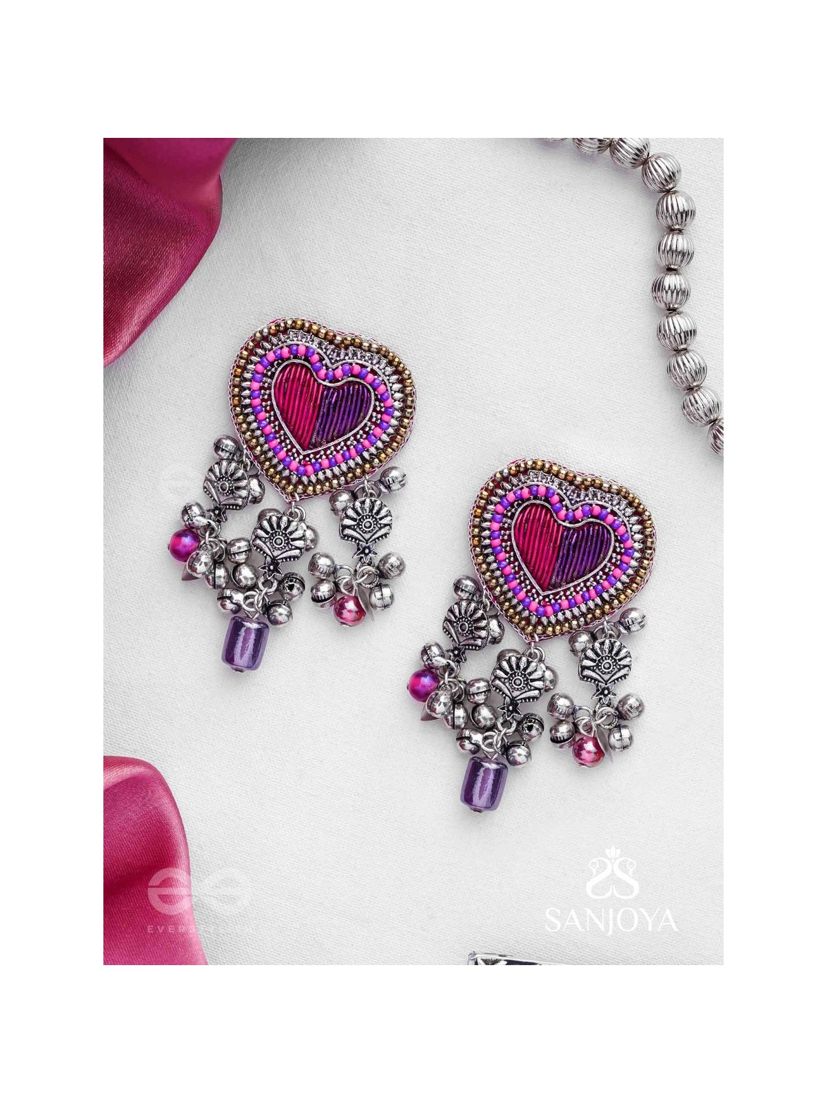 Unmadishnu - The Love Rush - Dabka, Beads And Glass Drops Hand Embroidered Oxidised Earrings