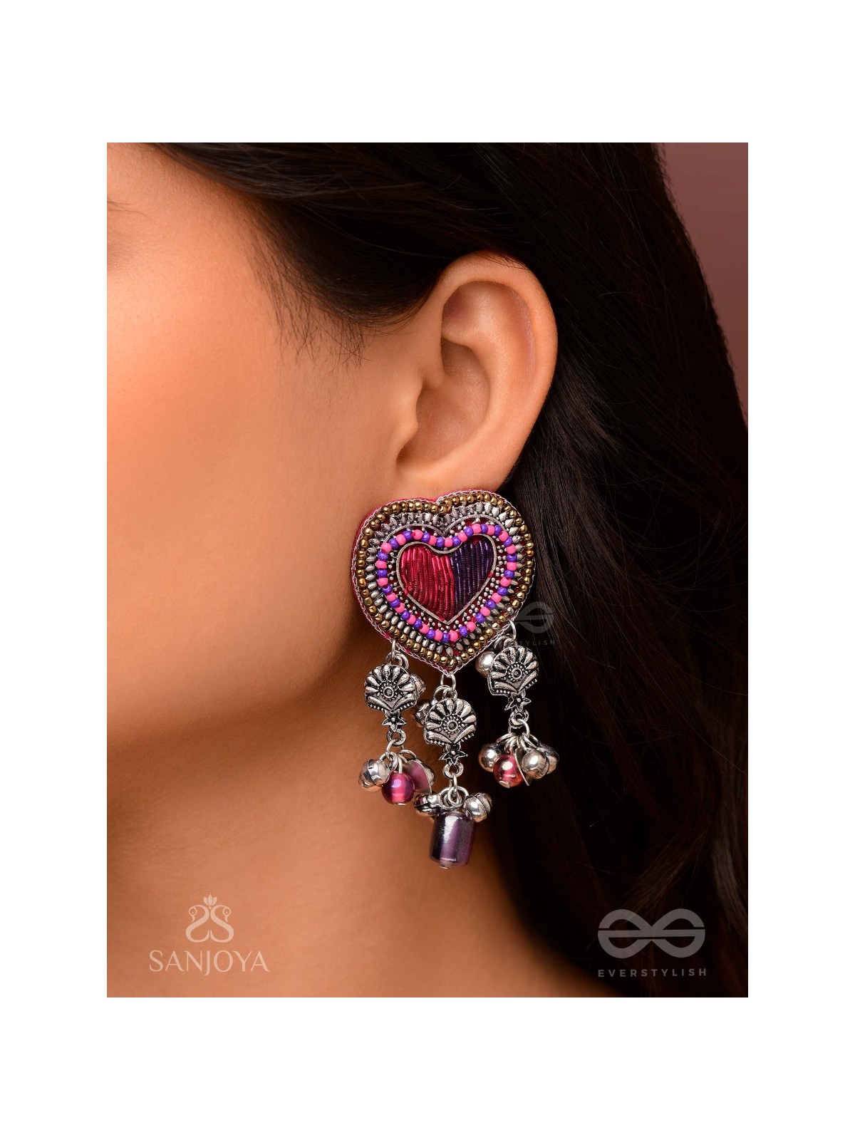 Unmadishnu - The Love Rush - Dabka, Beads And Glass Drops Hand Embroidered Oxidised Earrings