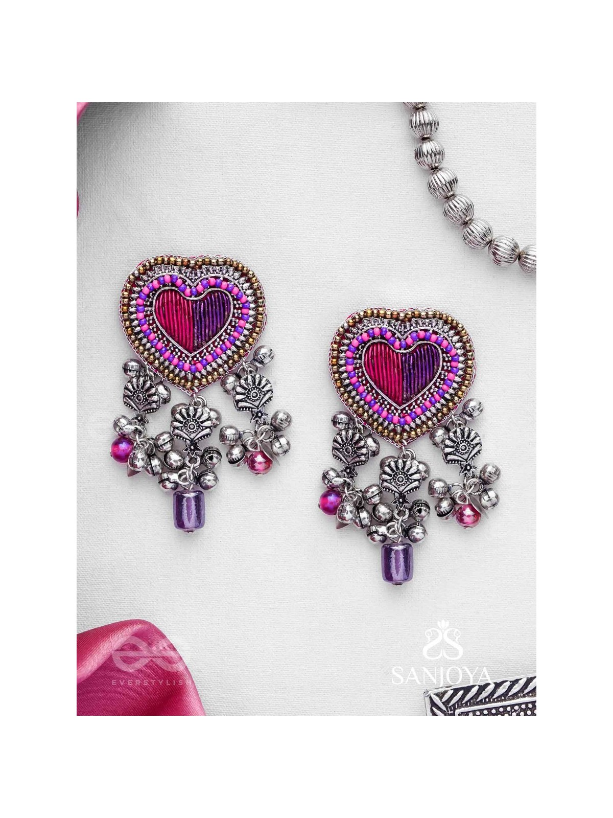 Unmadishnu - The Love Rush - Dabka, Beads And Glass Drops Hand Embroidered Oxidised Earrings