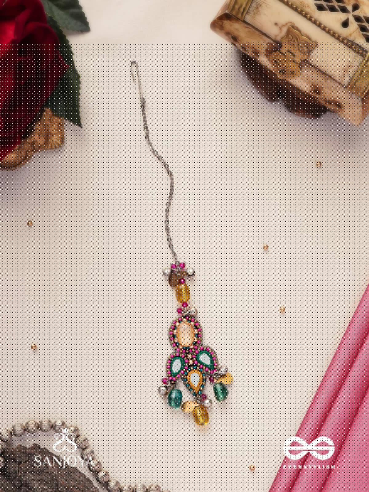 Prashman - The Calming Beauty - Stones, Mirror, Coins And Glass Drops Hand Embroidered Oxidised Maangtika