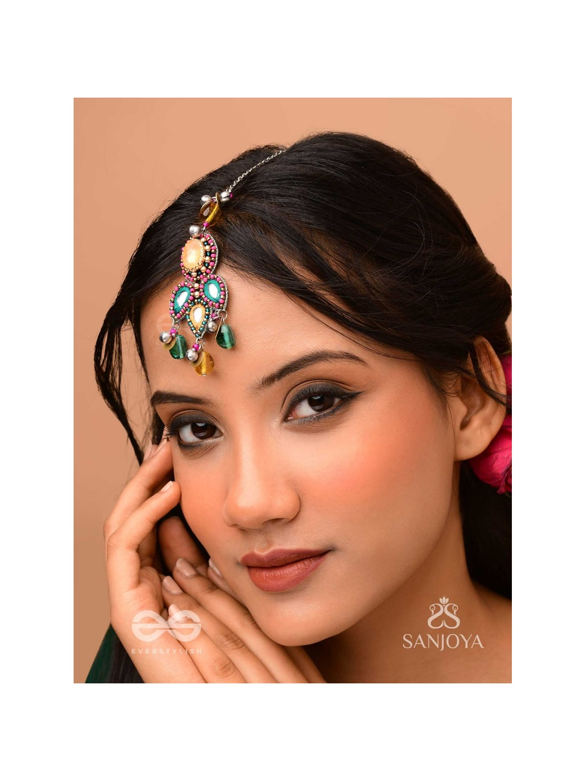 Prashman - The Calming Beauty - Stones, Mirror, Coins And Glass Drops Hand Embroidered Oxidised Maangtika