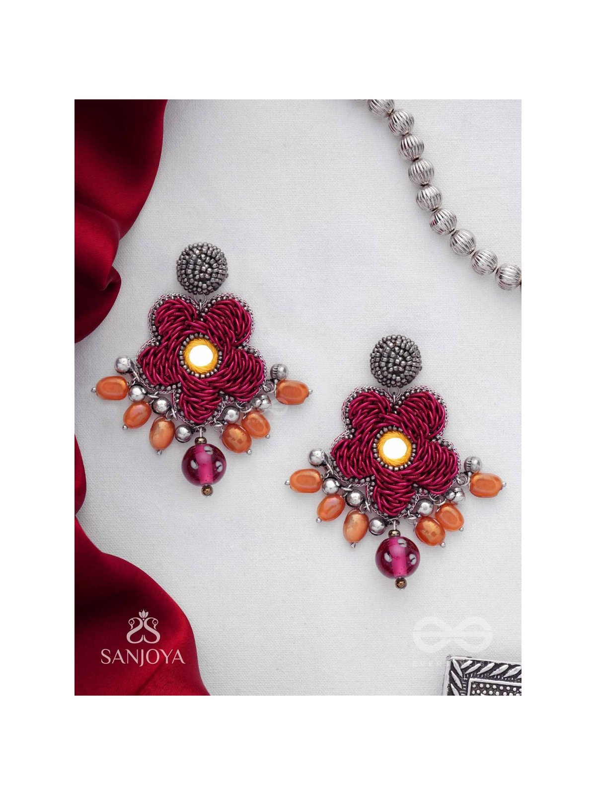 Svastmit - Bloom In The Sunset - Mirror, Dabka, Resham And Glass Drops Hand Embroidered Oxidised Earrings