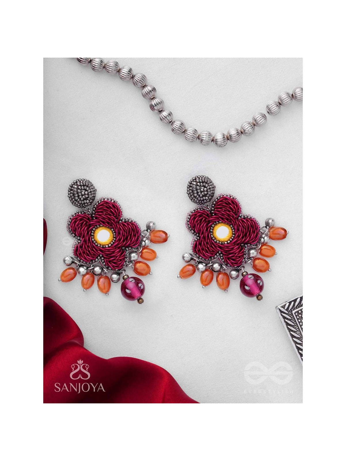 Svastmit - Bloom In The Sunset - Mirror, Dabka, Resham And Glass Drops Hand Embroidered Oxidised Earrings