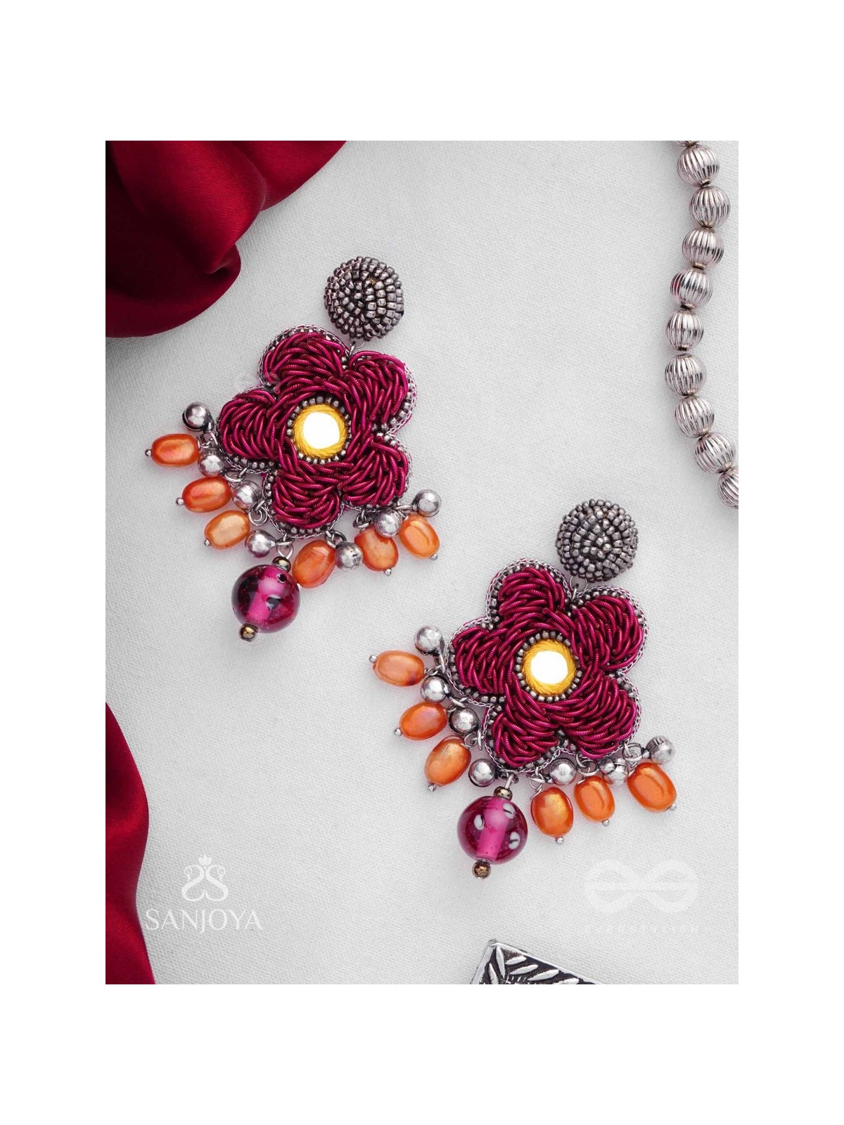 Svastmit - Bloom In The Sunset - Mirror, Dabka, Resham And Glass Drops Hand Embroidered Oxidised Earrings