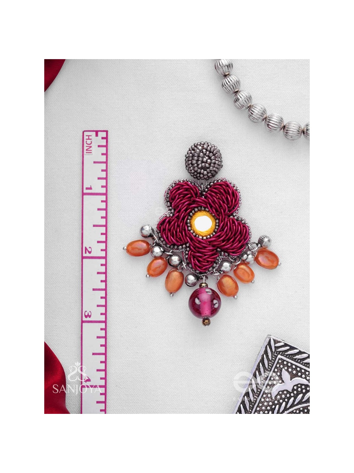 Svastmit - Bloom In The Sunset - Mirror, Dabka, Resham And Glass Drops Hand Embroidered Oxidised Earrings