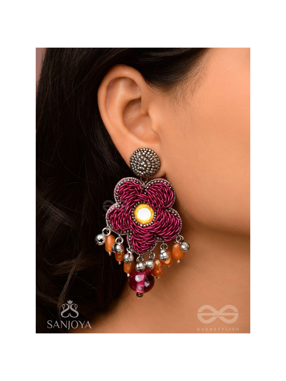 Svastmit - Bloom In The Sunset - Mirror, Dabka, Resham And Glass Drops Hand Embroidered Oxidised Earrings