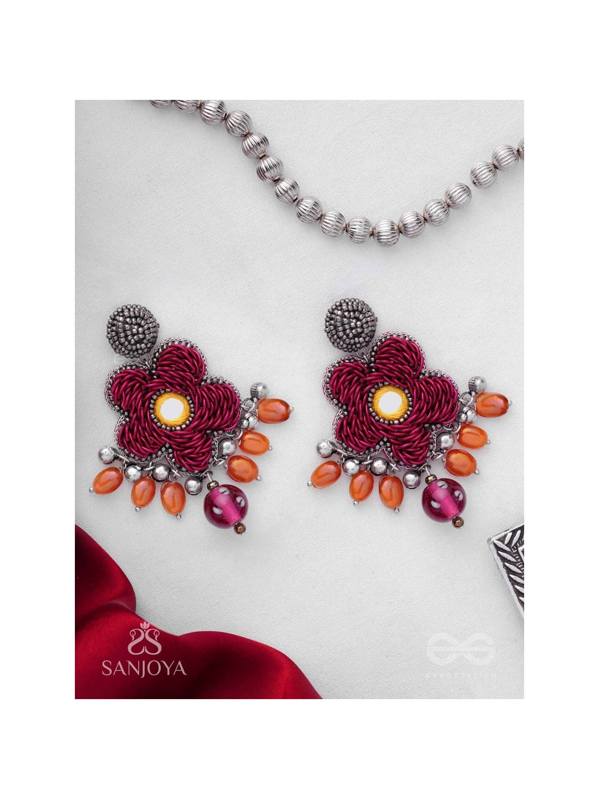 Svastmit - Bloom In The Sunset - Mirror, Dabka, Resham And Glass Drops Hand Embroidered Oxidised Earrings