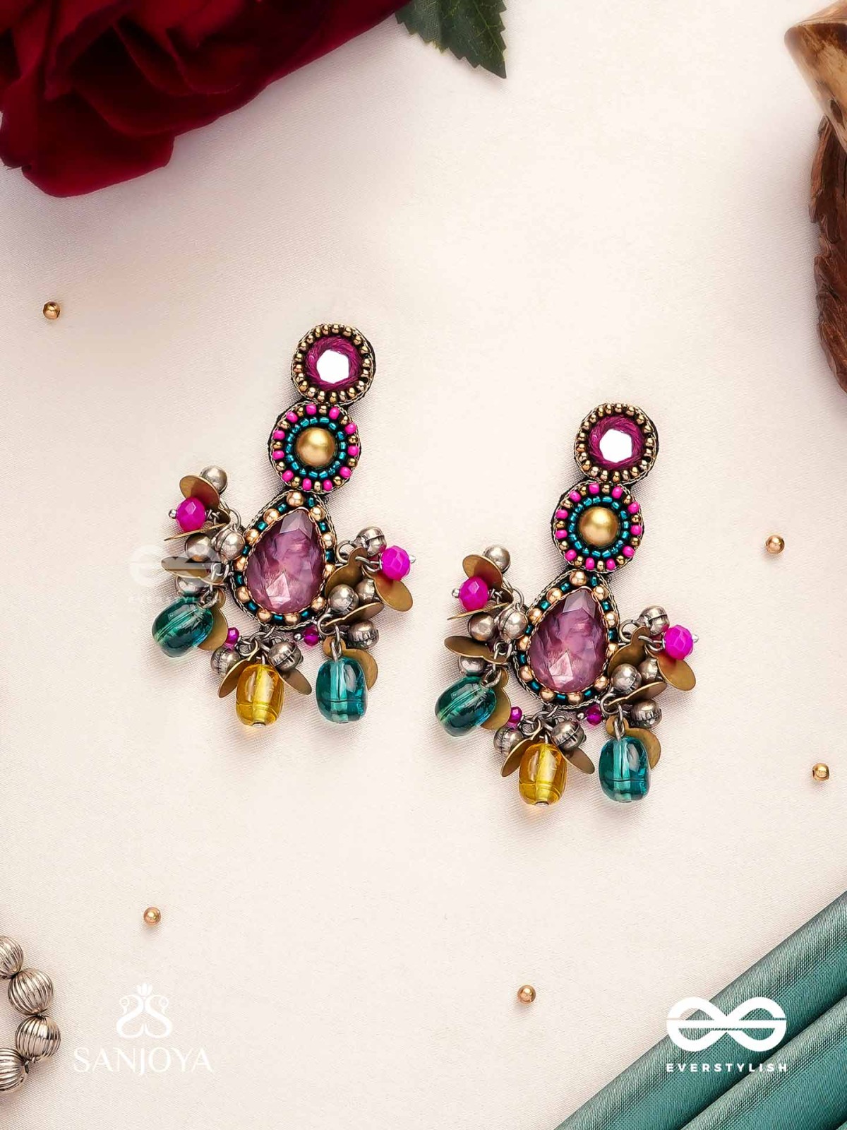 Agrihini - The Amethyst Glow - Stones, Mirrors, Coins And Glass Drops Hand Embroidered Earrings
