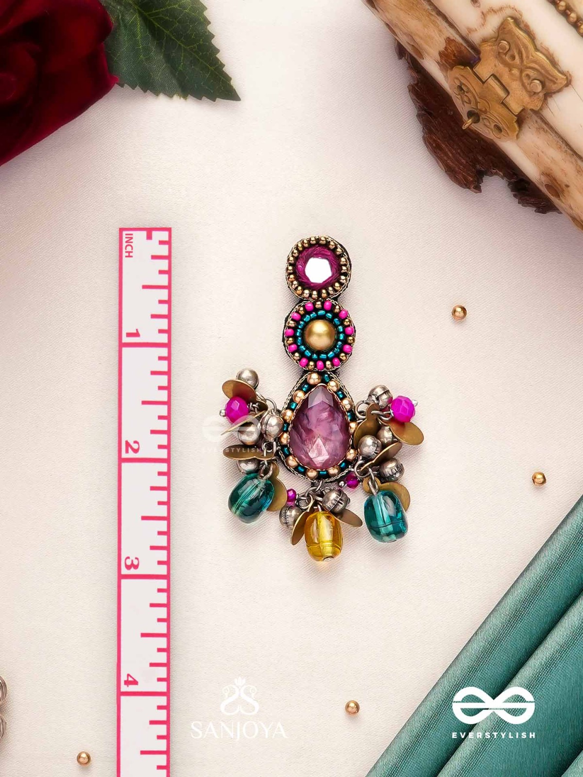 Agrihini - The Amethyst Glow - Stones, Mirrors, Coins And Glass Drops Hand Embroidered Earrings