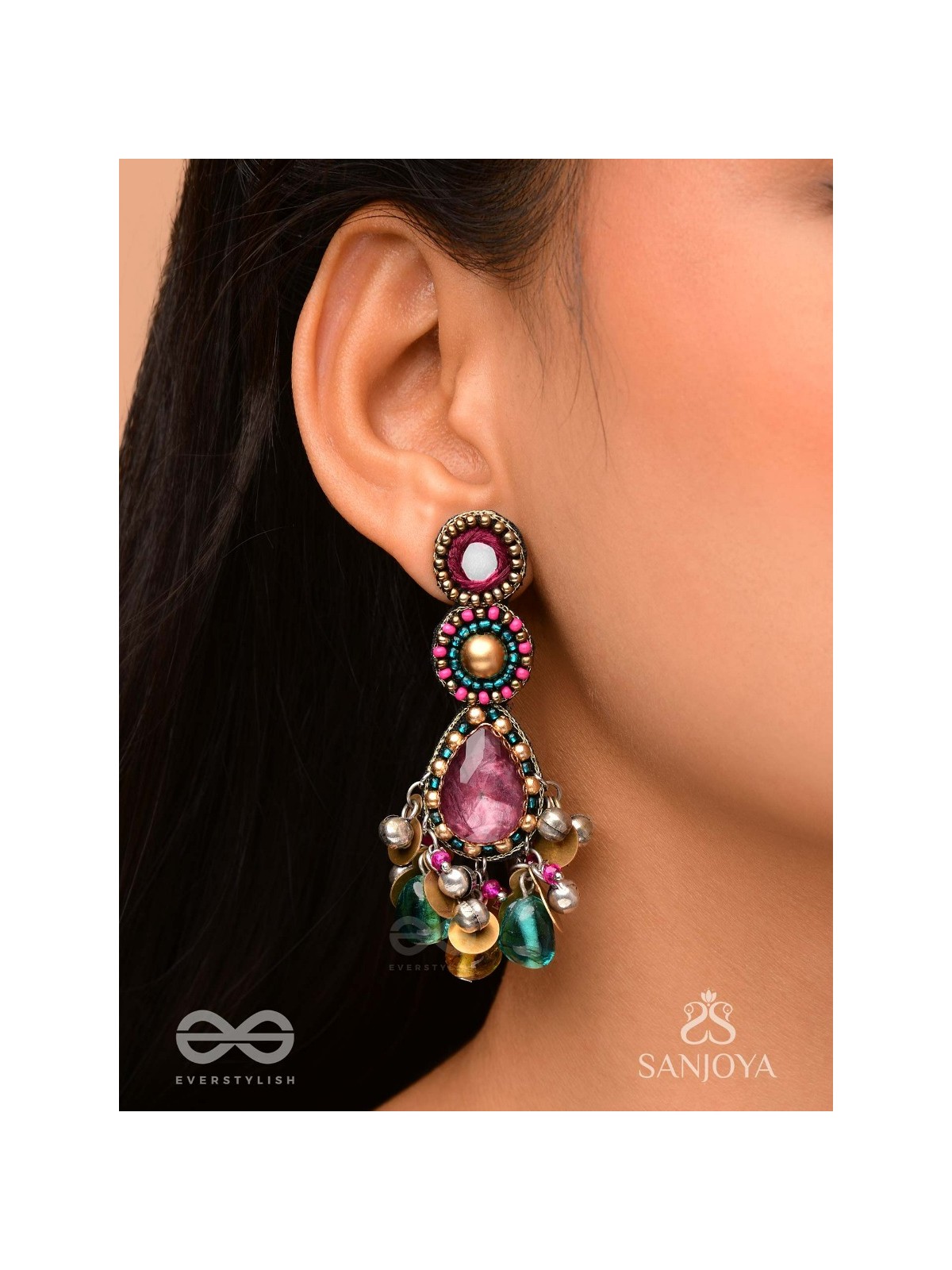 Agrihini - The Amethyst Glow - Stones, Mirrors, Coins And Glass Drops Hand Embroidered Earrings
