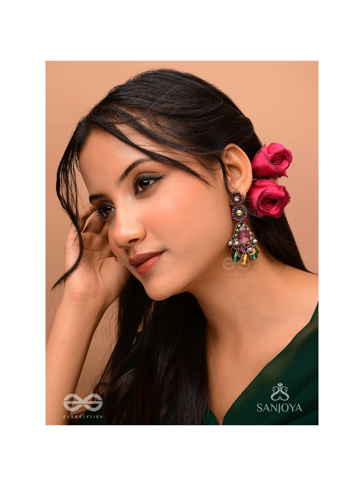 Agrihini - The Amethyst Glow - Stones, Mirrors, Coins And Glass Drops Hand Embroidered Earrings