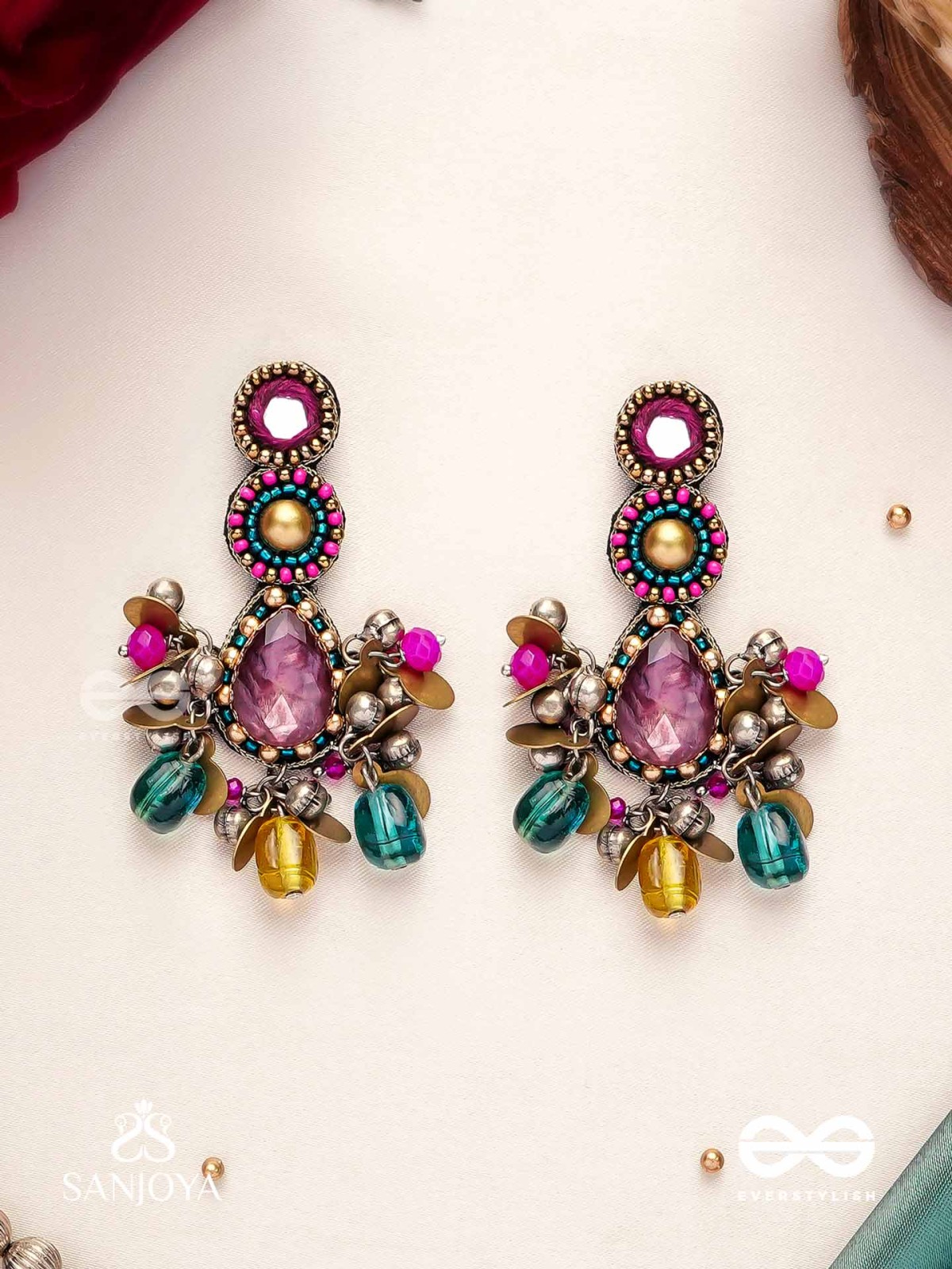 Agrihini - The Amethyst Glow - Stones, Mirrors, Coins And Glass Drops Hand Embroidered Earrings