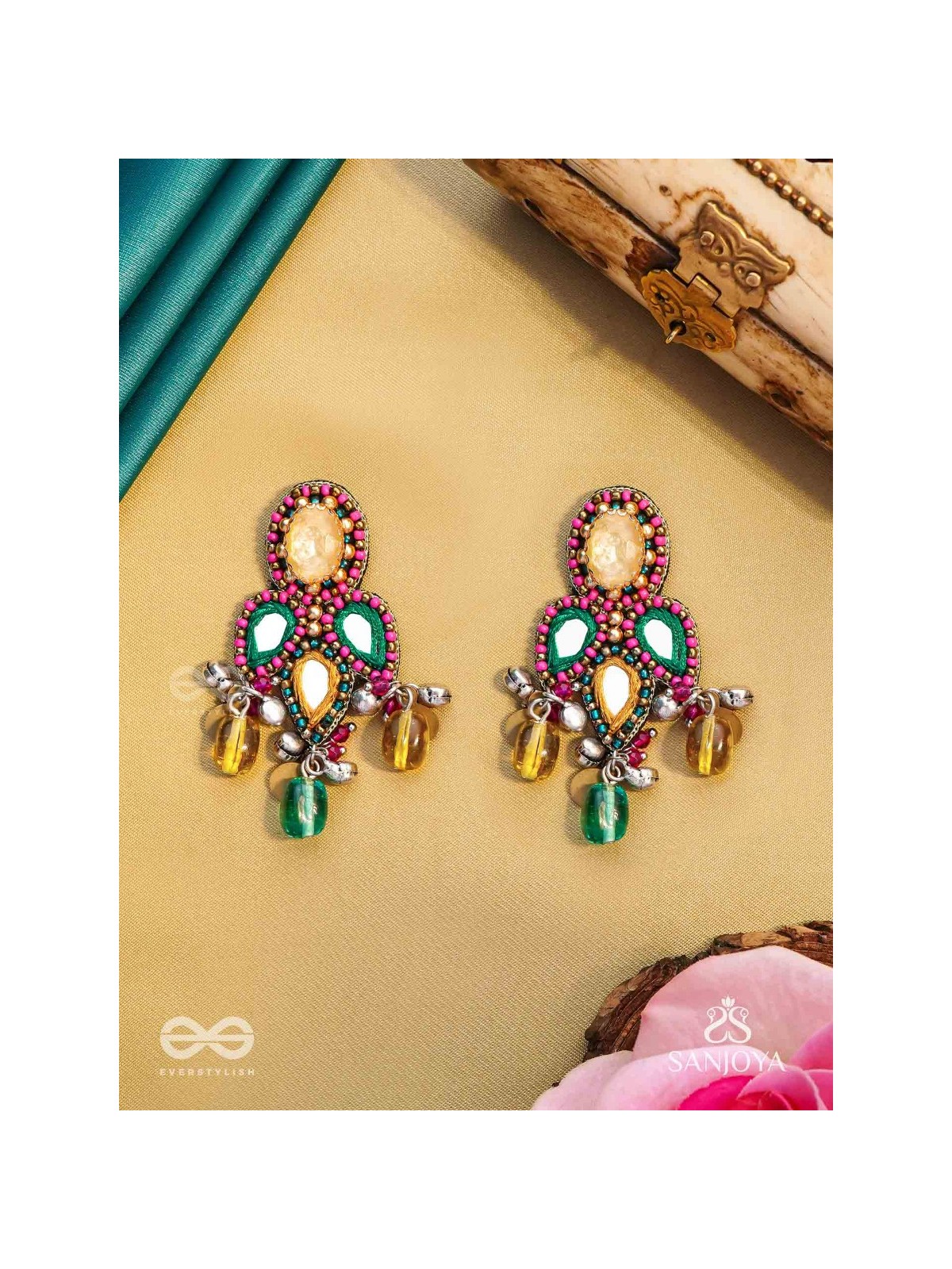 Tripristha - The Holy Trinity - Stones, Mirrors, Coins And Glass Drops Hand Embroidered Earrings