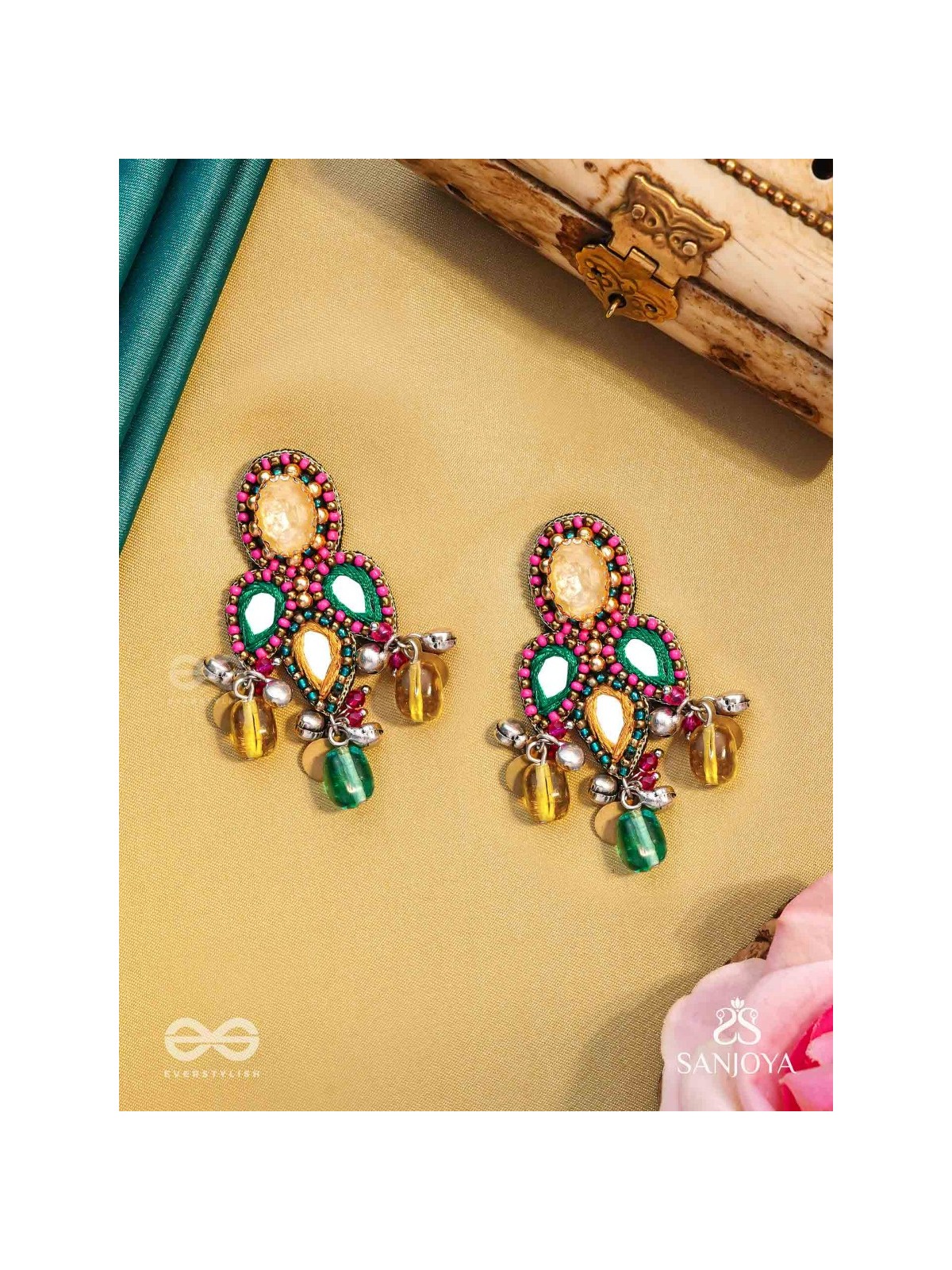 Tripristha - The Holy Trinity - Stones, Mirrors, Coins And Glass Drops Hand Embroidered Earrings