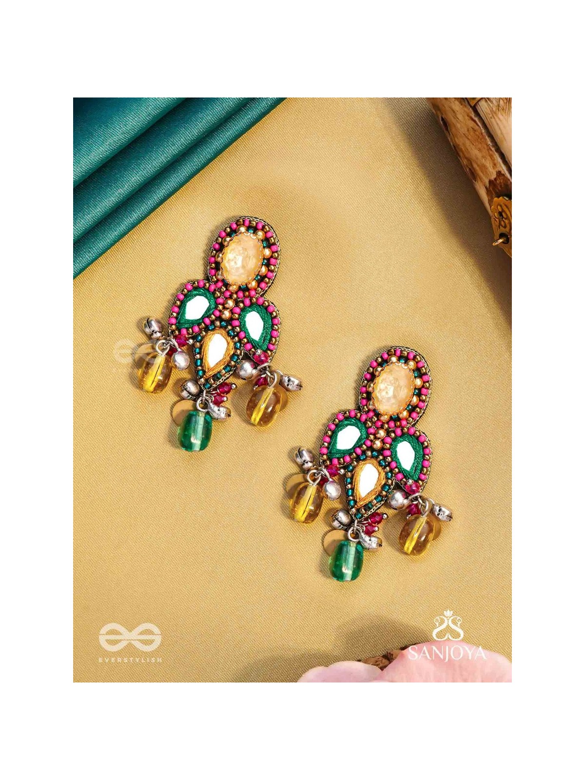 Tripristha - The Holy Trinity - Stones, Mirrors, Coins And Glass Drops Hand Embroidered Earrings