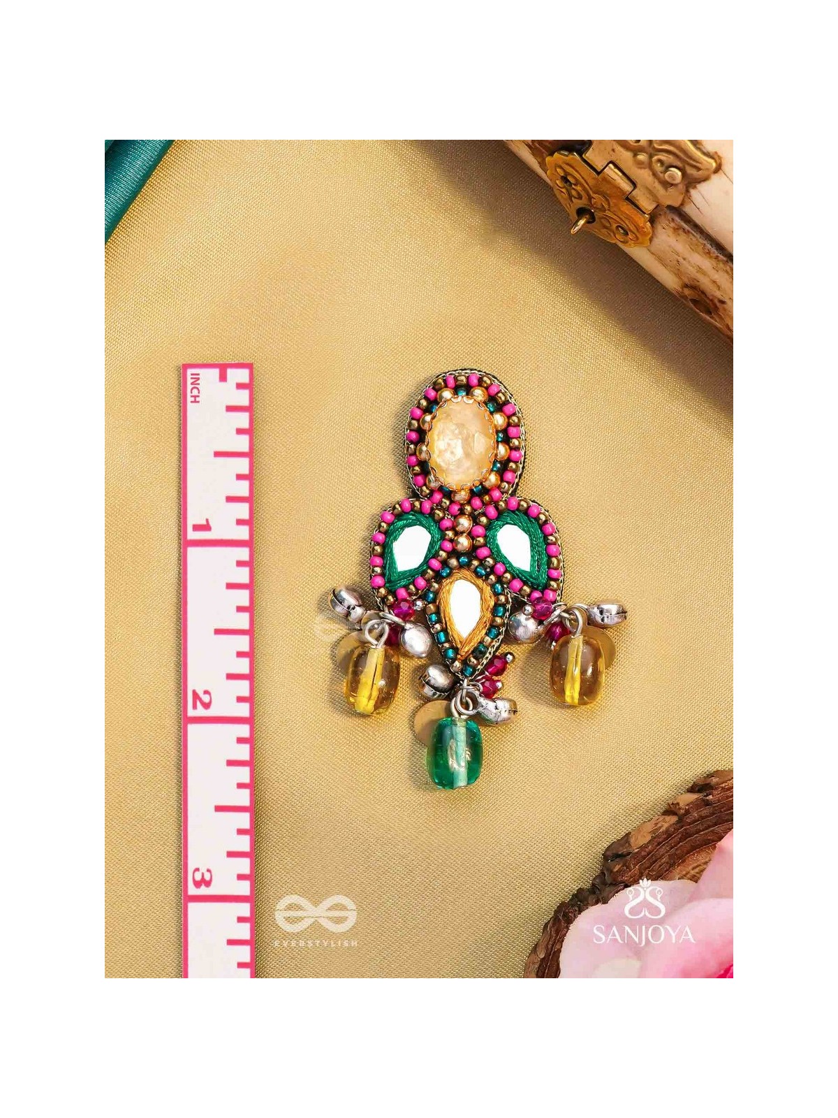 Tripristha - The Holy Trinity - Stones, Mirrors, Coins And Glass Drops Hand Embroidered Earrings