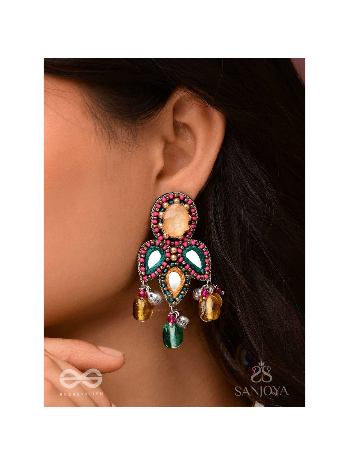 Tripristha - The Holy Trinity - Stones, Mirrors, Coins And Glass Drops Hand Embroidered Earrings