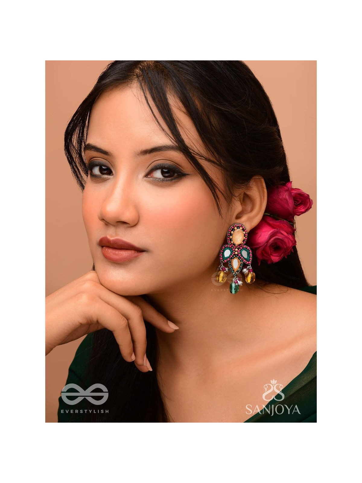 Tripristha - The Holy Trinity - Stones, Mirrors, Coins And Glass Drops Hand Embroidered Earrings