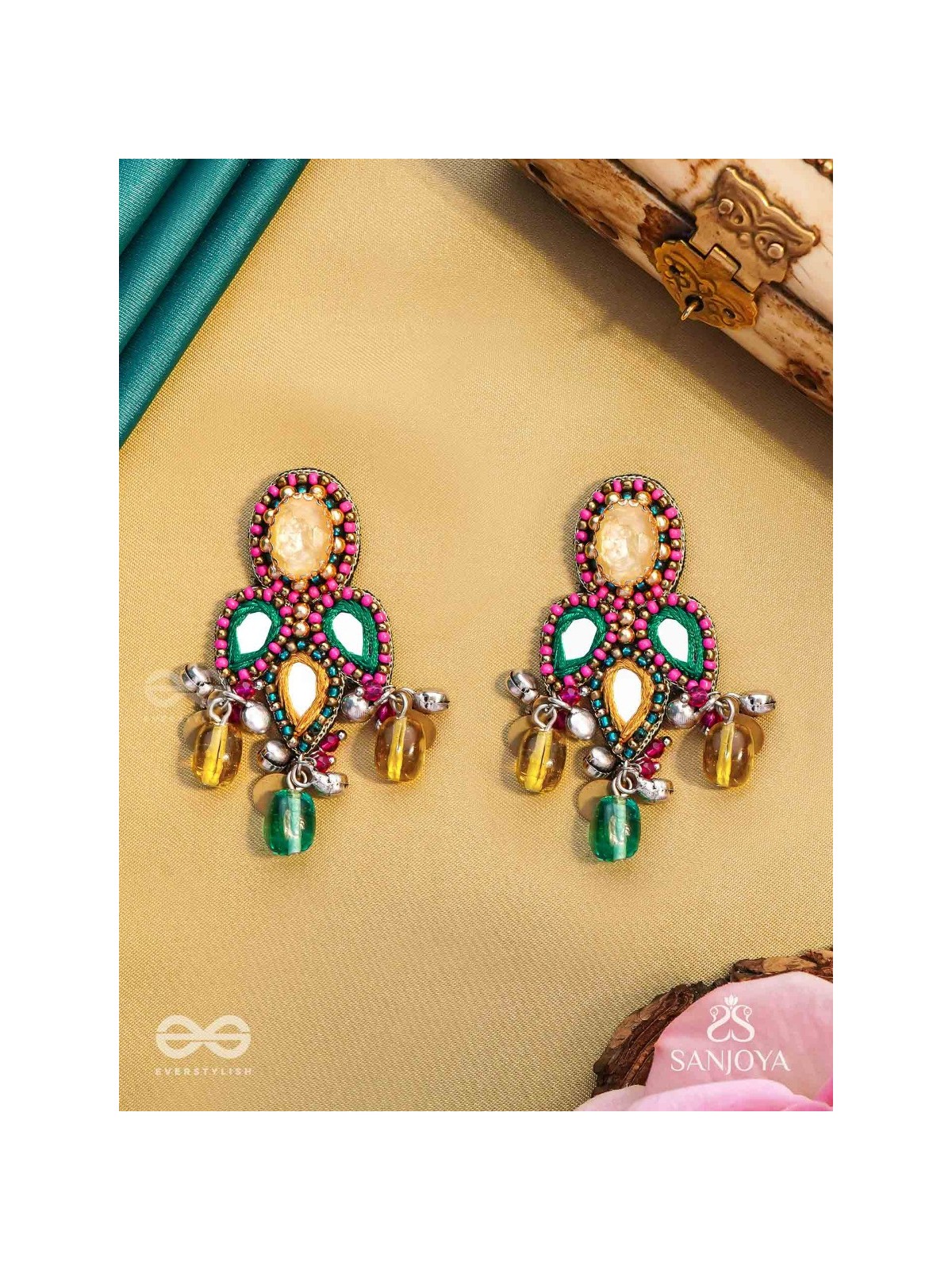 Tripristha - The Holy Trinity - Stones, Mirrors, Coins And Glass Drops Hand Embroidered Earrings