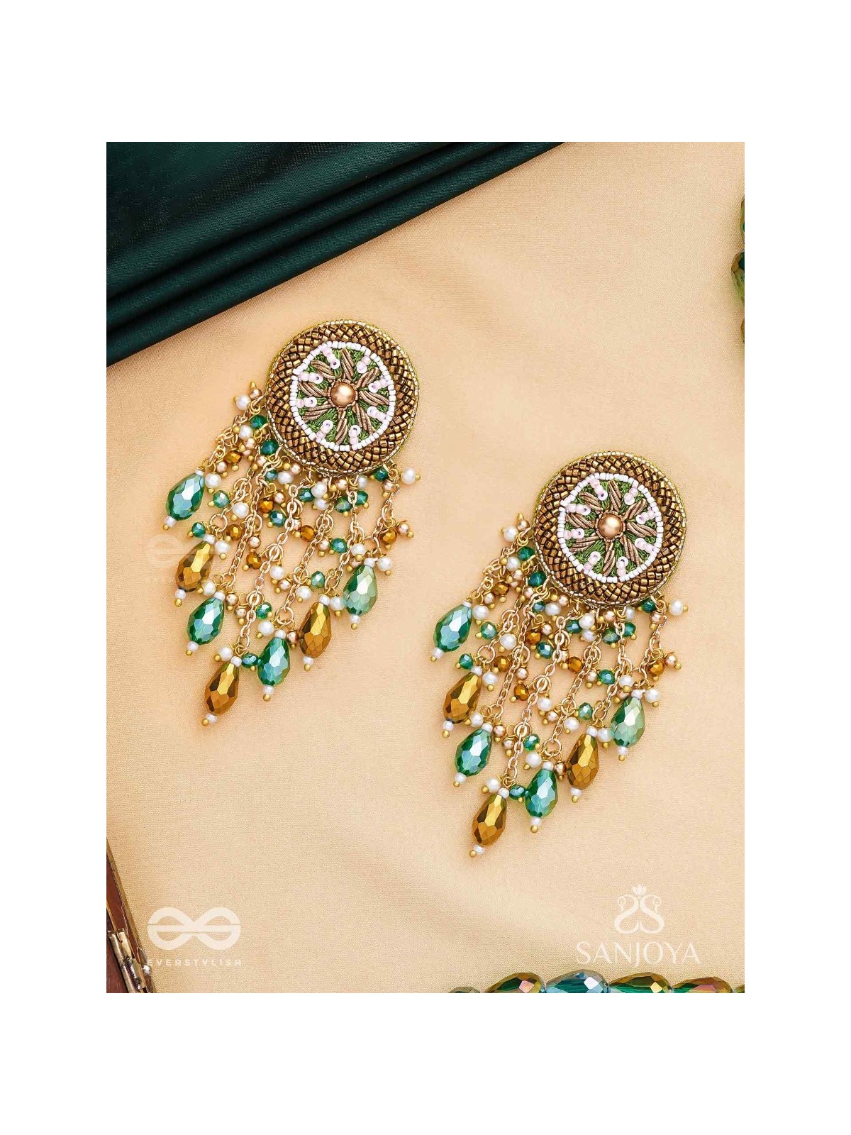 Varsham - The Captivating Rainfall - Cutdana, Dabka, Beads And Glass Drops Hand Embroidered Earrings